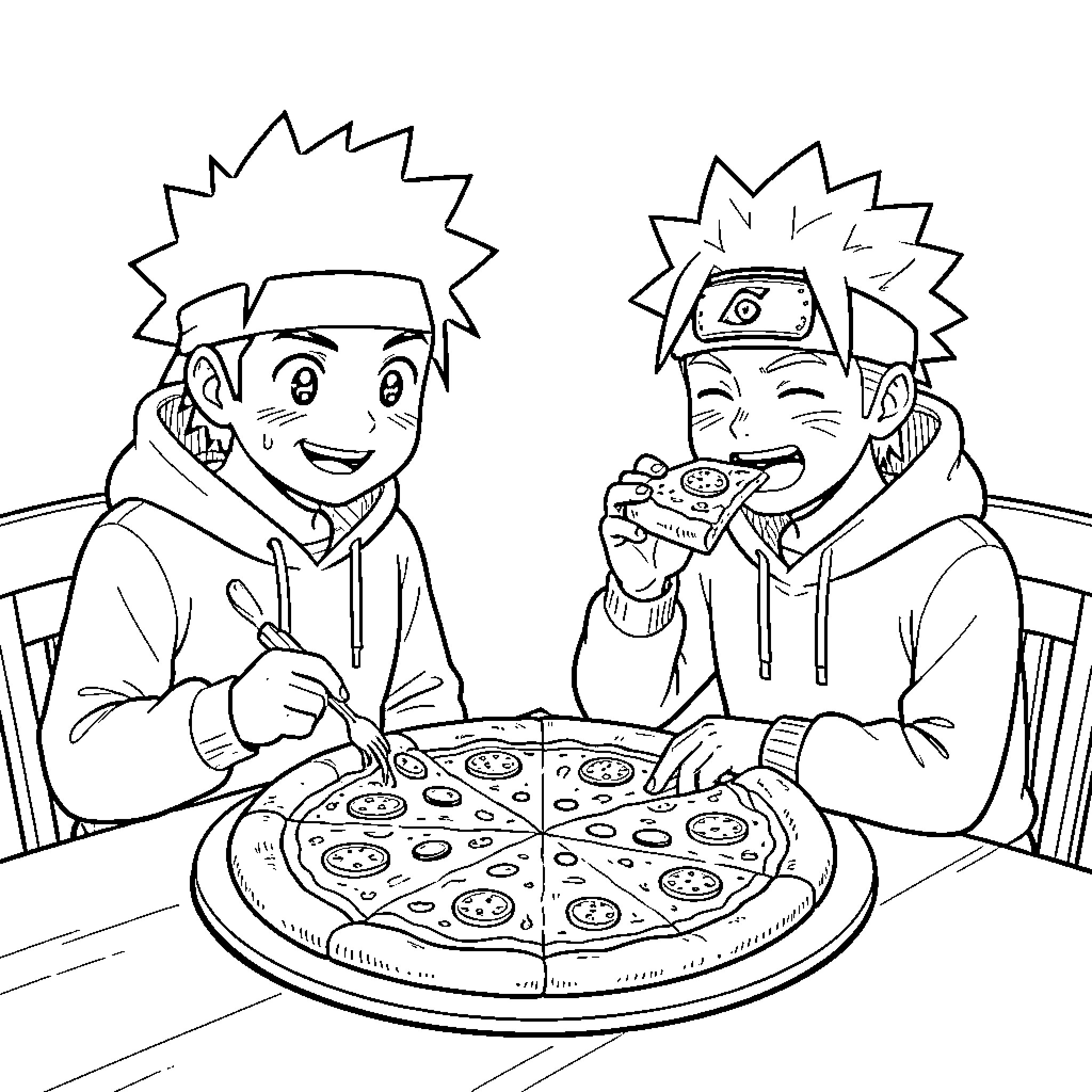 Sangouku two boys happily eating a large pizza Coloring Page (free black-and-white line drawing printable PDF for all, from beginners to advanced learners, including children, teens, adults, and seniors)