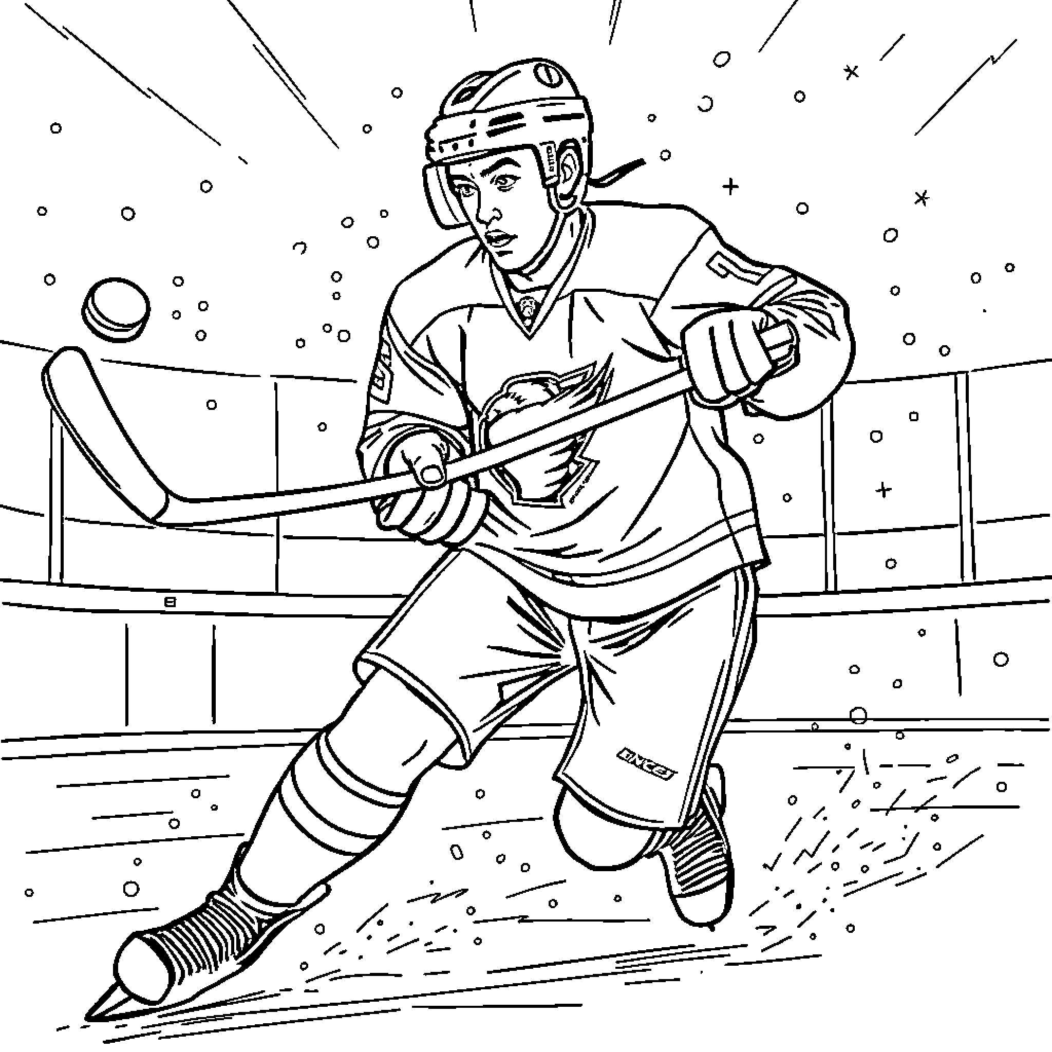 Quinn Hughes in action on the ice hockey rink Coloring Page (free black-and-white line drawing printable PDF for all, from beginners to advanced learners, including children, teens, adults, and seniors)