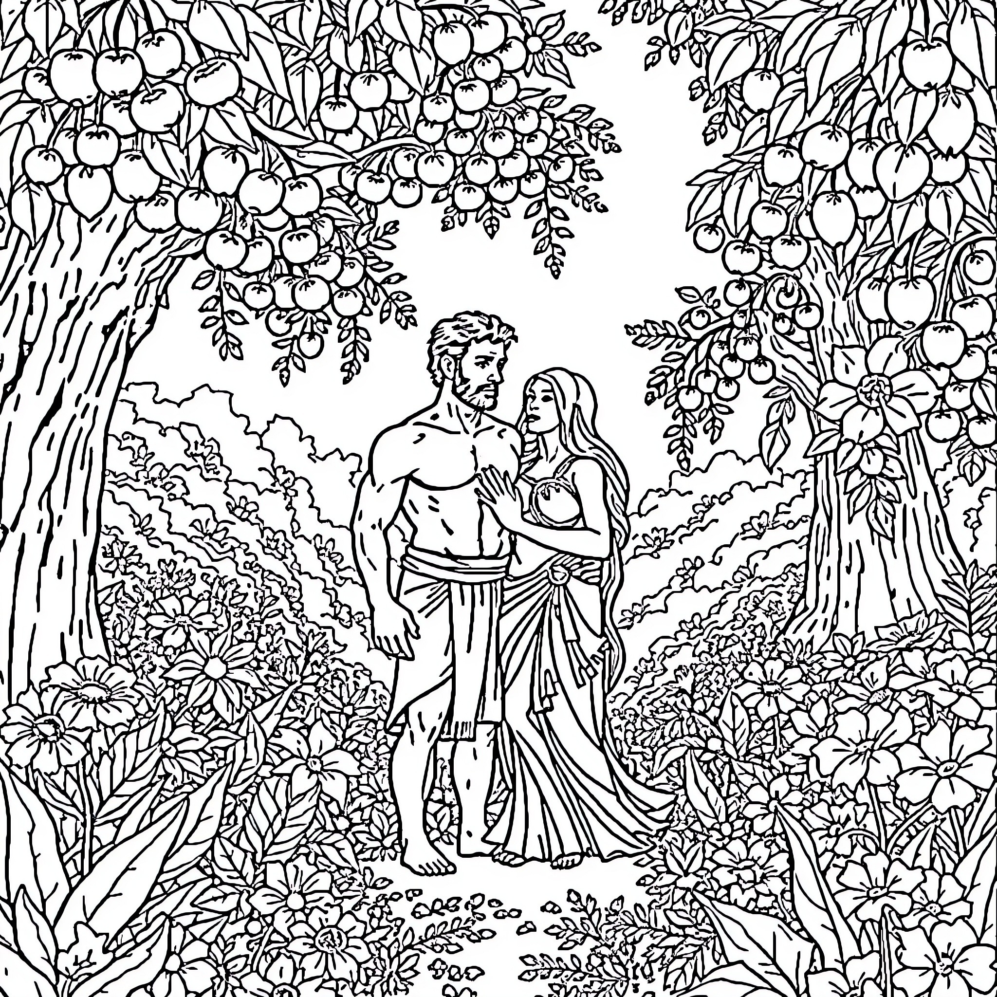 Adam and Eve in the Garden of Eden Coloring Page (free black-and-white line drawing printable PDF for all, from beginners to advanced learners, including children, teens, adults, and seniors)