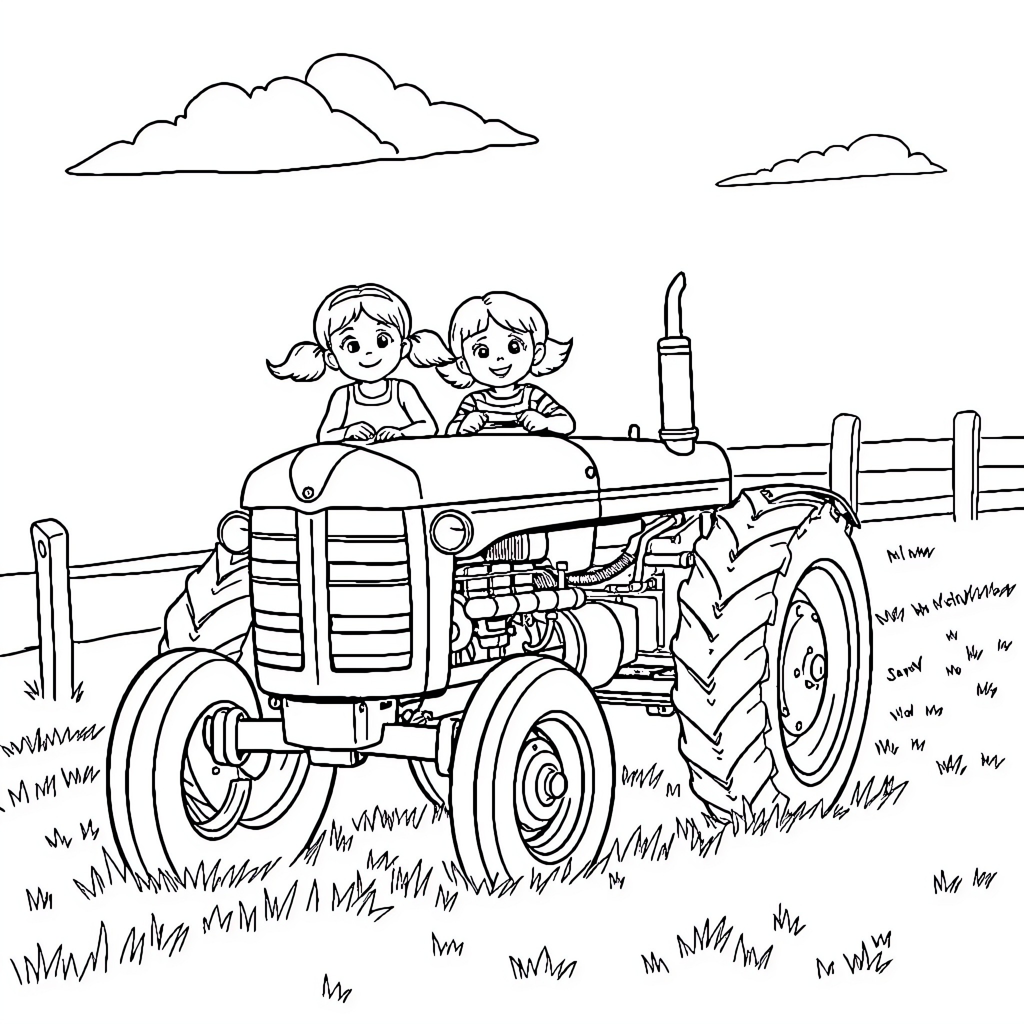 Girl driving tractor with friend in the countryside Coloring Page (free black-and-white line drawing printable PDF for all, from beginners to advanced learners, including children, teens, adults, and seniors)