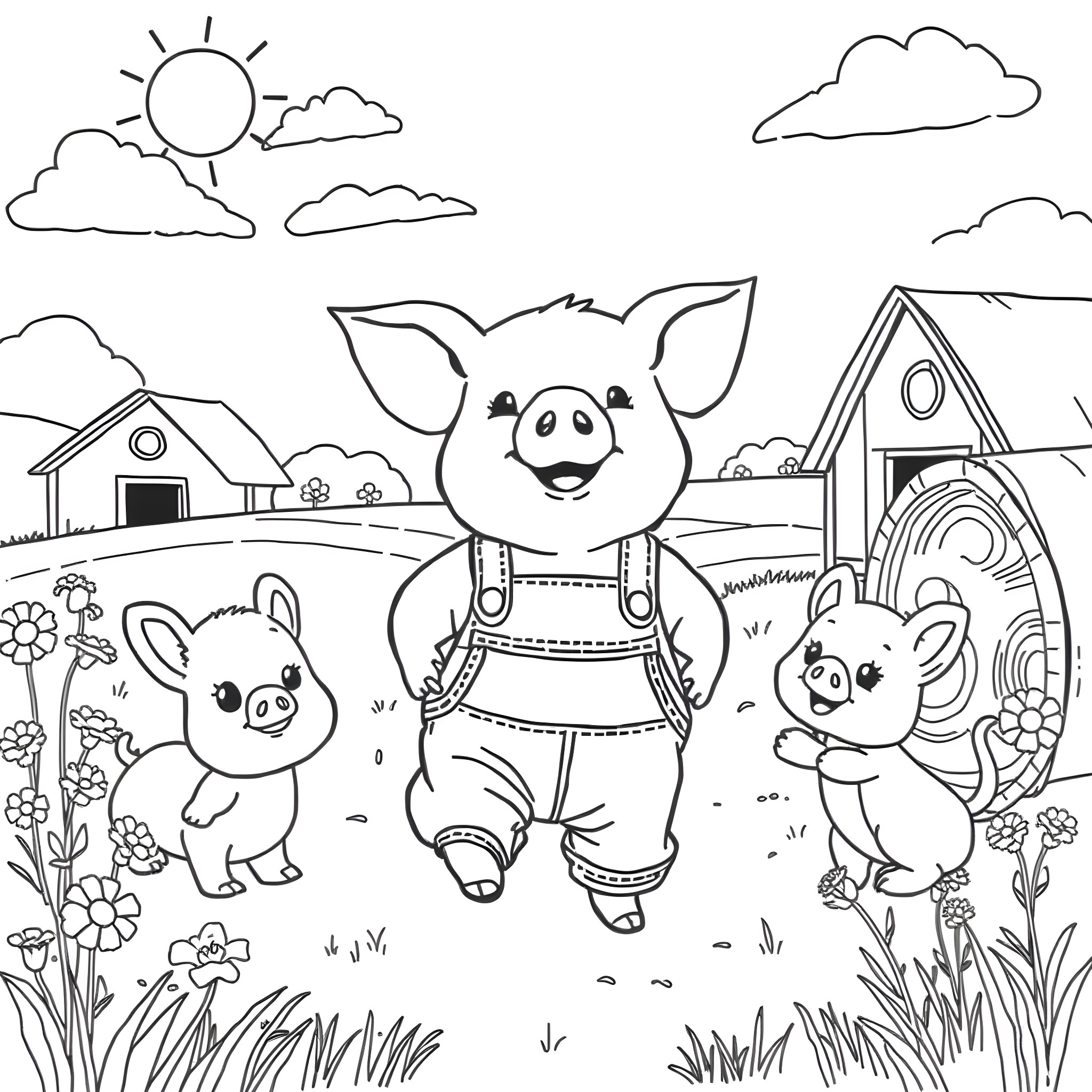 Pig and rabbit friends in a countryside scene Coloring Page (free black-and-white line drawing printable PDF for all, from beginners to advanced learners, including children, teens, adults, and seniors)