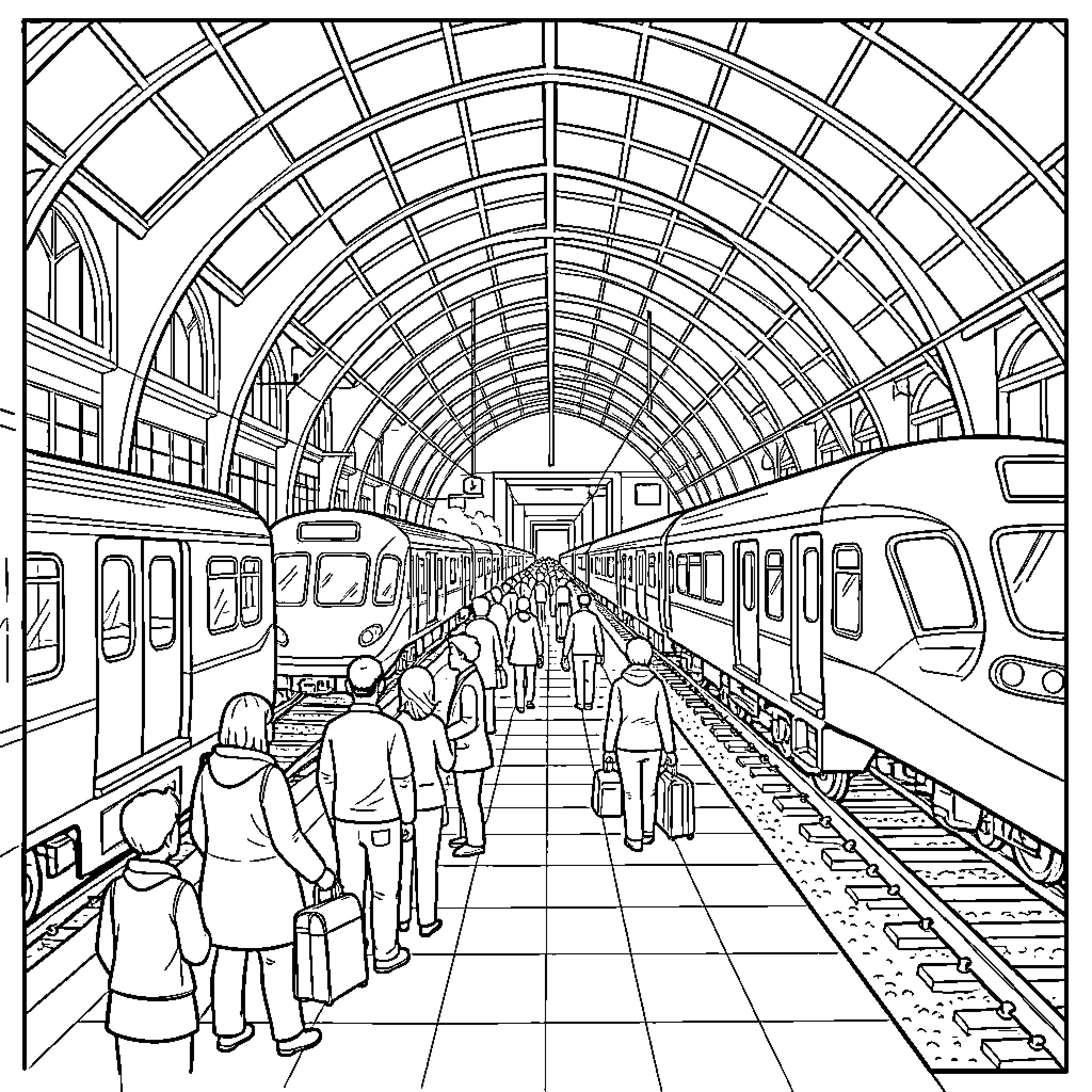 Train Station with people walking along the platform Coloring Page (free black-and-white line drawing printable PDF for all, from beginners to advanced learners, including children, teens, adults, and seniors)