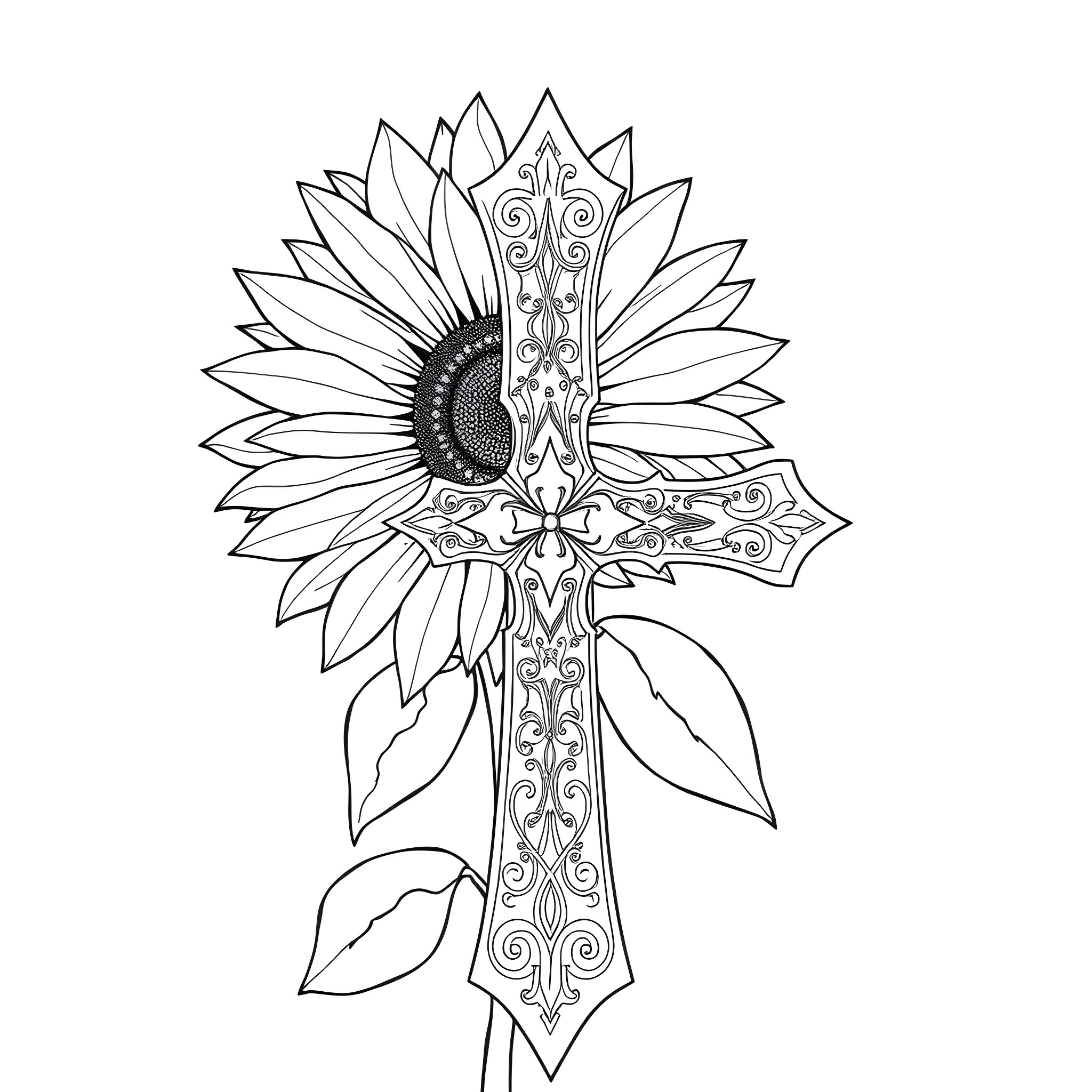 Sunflower cross with ornate details Coloring Page (free black-and-white line drawing printable PDF for all, from beginners to advanced learners, including children, teens, adults, and seniors)