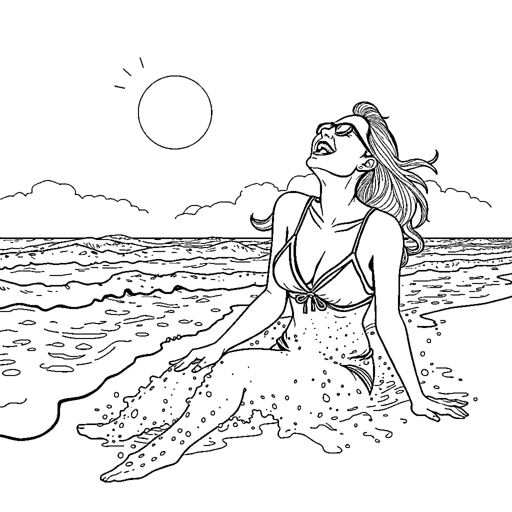 Woman enjoying the sun and waves at the beach Coloring Page (free black-and-white line drawing printable PDF for all, from beginners to advanced learners, including children, teens, adults, and seniors)