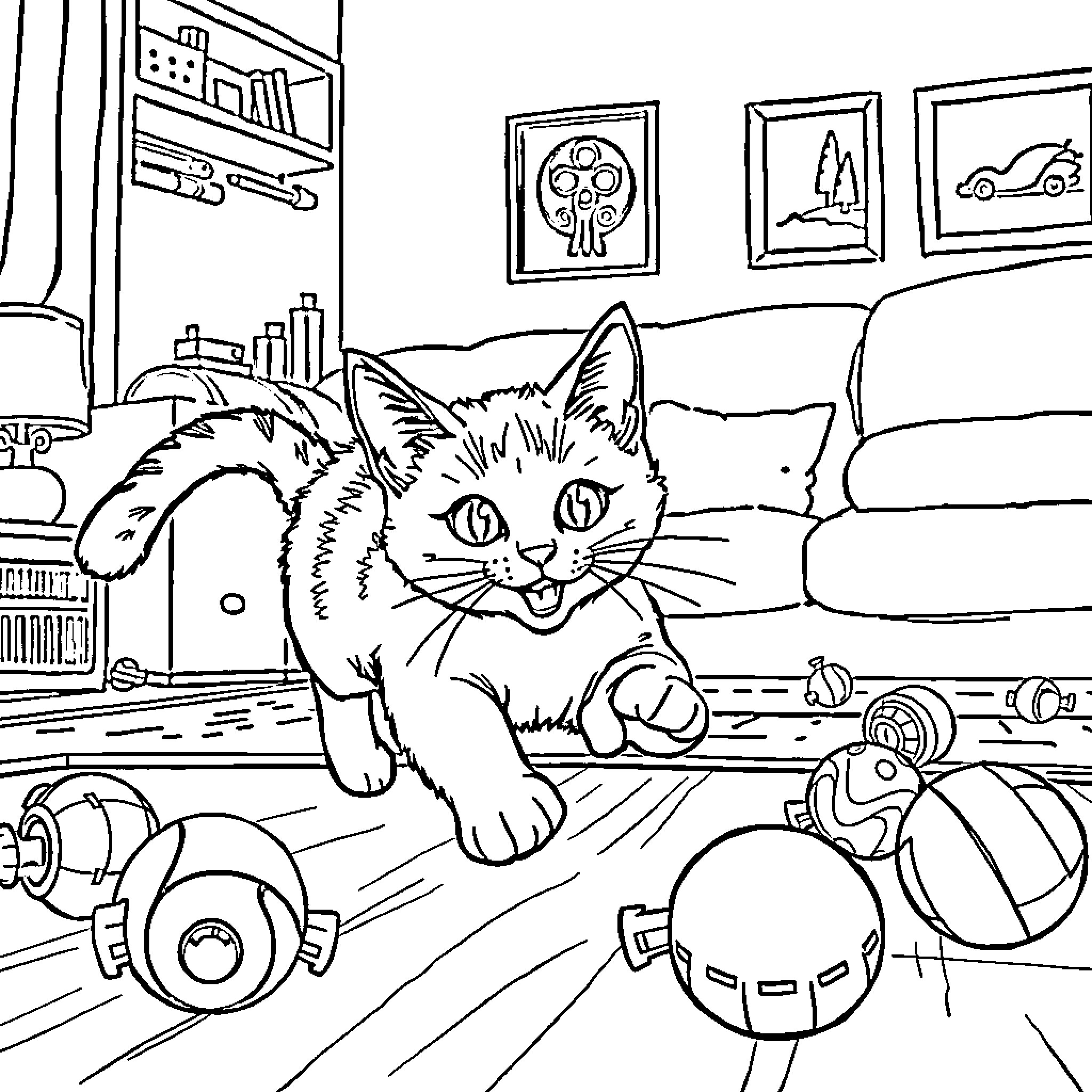 Cat Playing in Cozy Living Room Coloring Page (free black-and-white line drawing printable PDF for all, from beginners to advanced learners, including children, teens, adults, and seniors)
