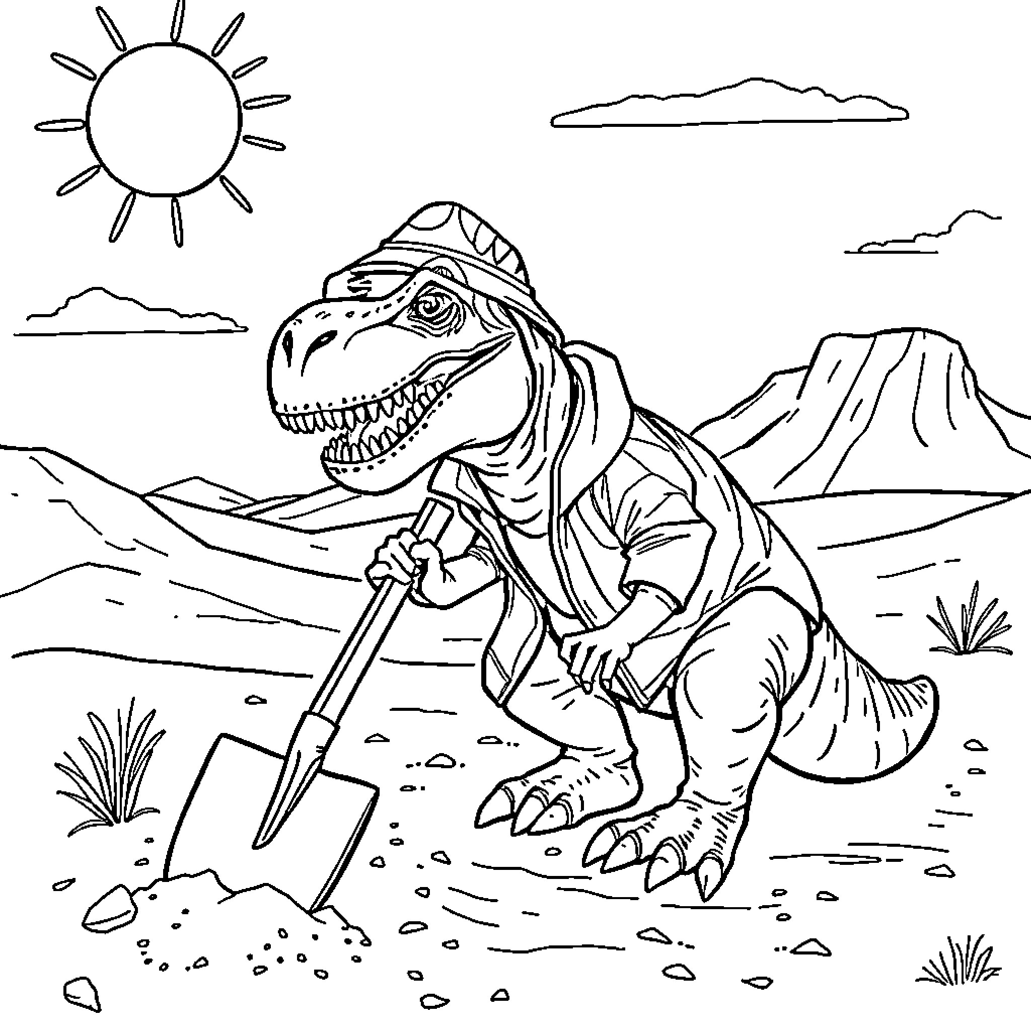 T-Rex Exploring the Prehistoric Landscape Coloring Page (free black-and-white line drawing printable PDF for all, from beginners to advanced learners, including children, teens, adults, and seniors)