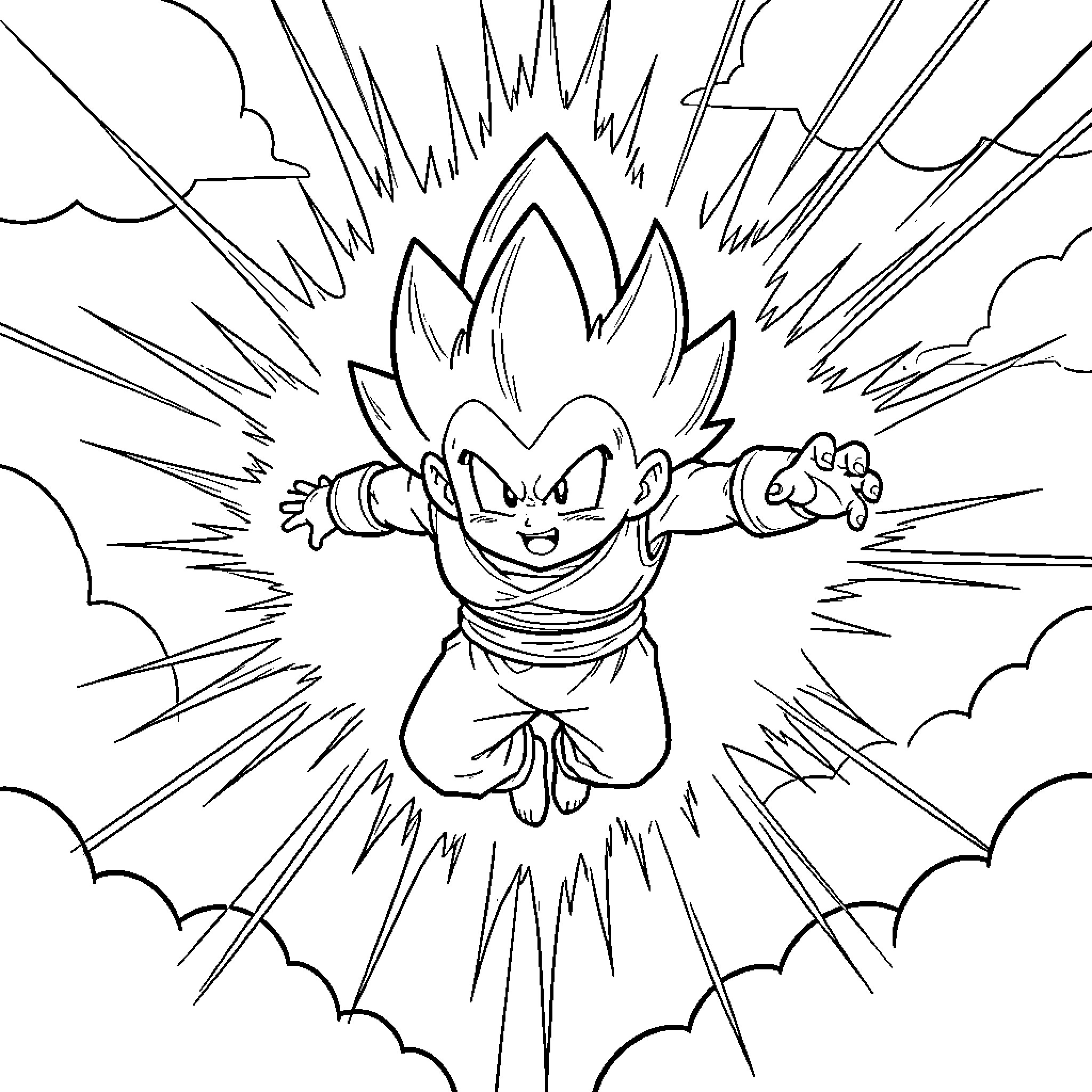 Buu character flying with arms outstretched in mid-air Coloring Page (free black-and-white line drawing printable PDF for all, from beginners to advanced learners, including children, teens, adults, and seniors)