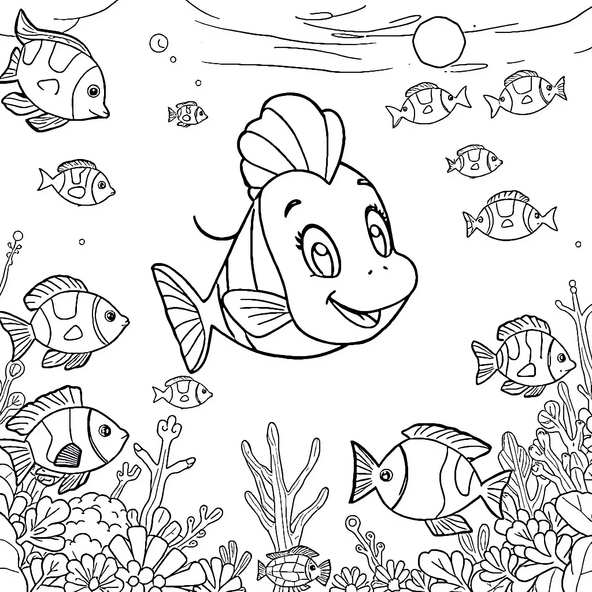 Lilo exploring the colorful underwater world Coloring Page (free black-and-white line drawing printable PDF for all, from beginners to advanced learners, including children, teens, adults, and seniors)
