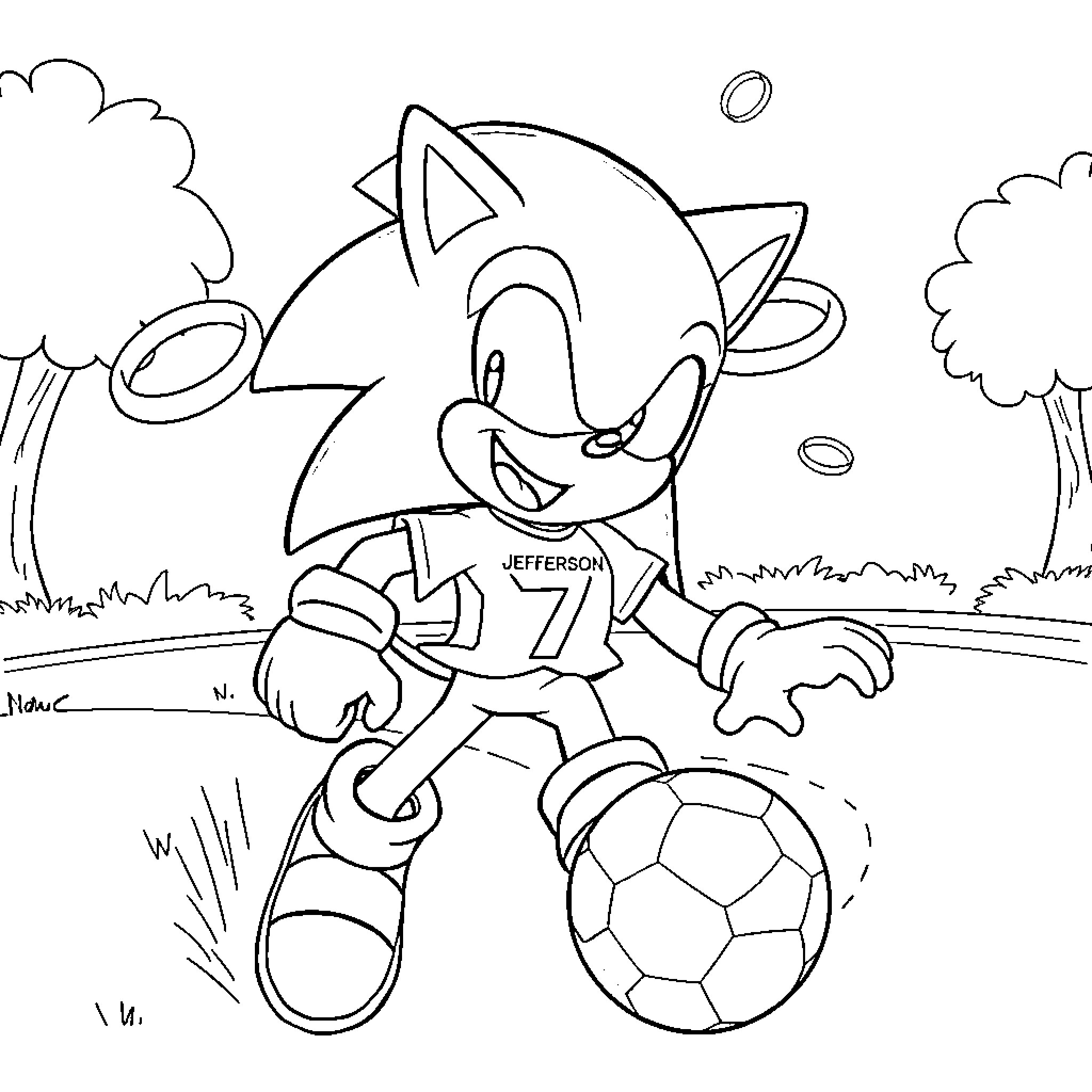 Sonic playing with a soccer ball in the park Coloring Page (free black-and-white line drawing printable PDF for all, from beginners to advanced learners, including children, teens, adults, and seniors)