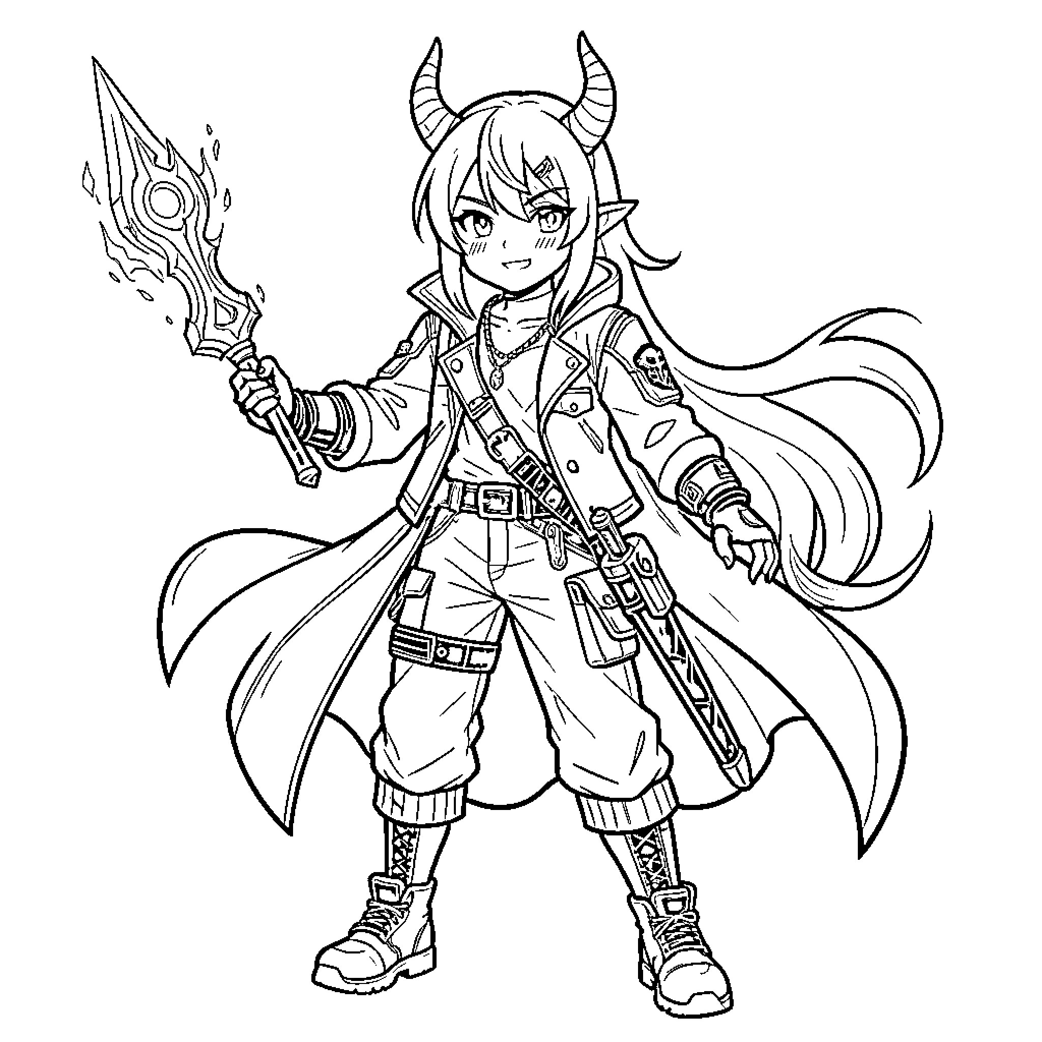 Demon Hunter wielding powerful weapon in bold stance Coloring Page (free black-and-white line drawing printable PDF for all, from beginners to advanced learners, including children, teens, adults, and seniors)