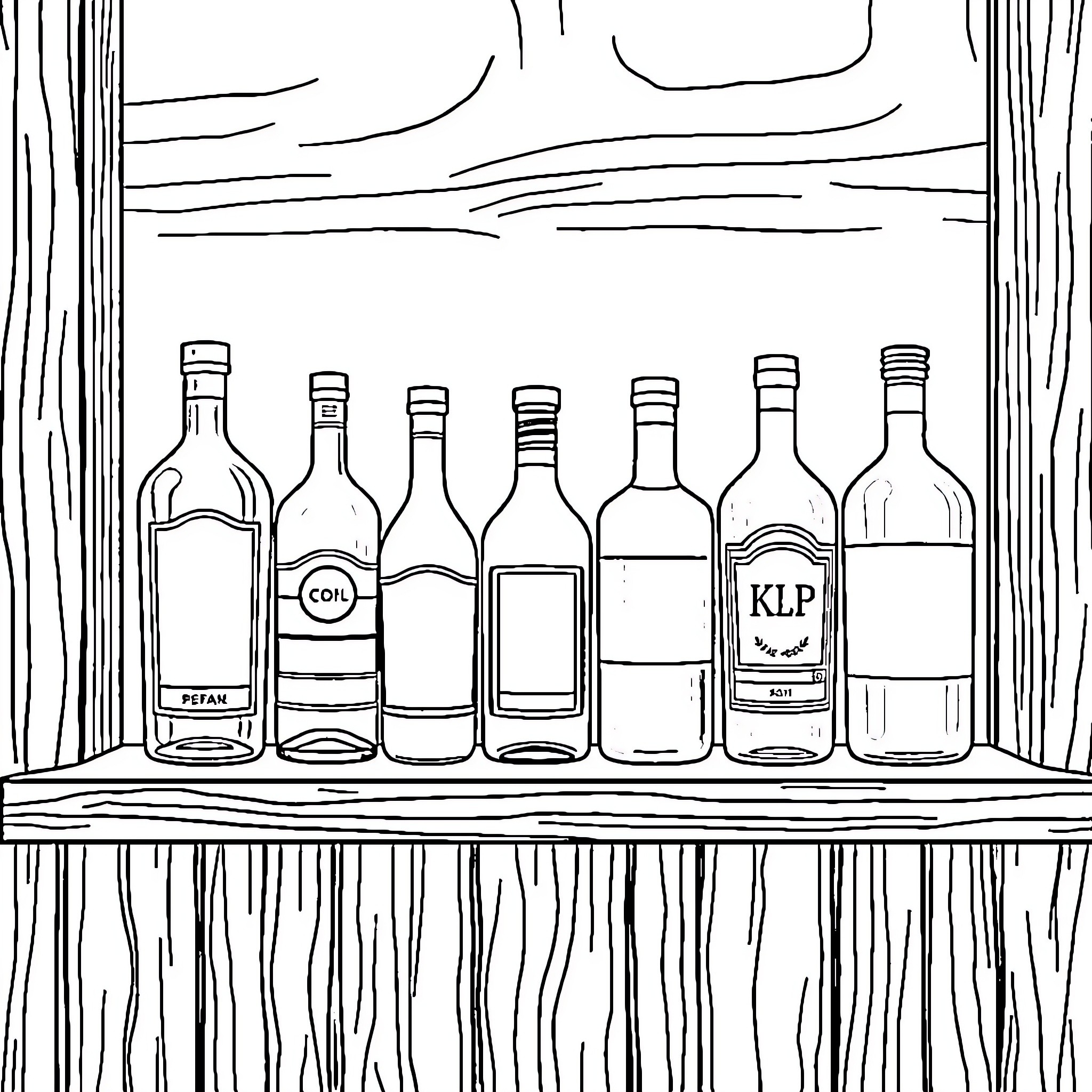Liquor Bottles Arranged on a Wooden Shelf Coloring Page (free black-and-white line drawing printable PDF for all, from beginners to advanced learners, including children, teens, adults, and seniors)