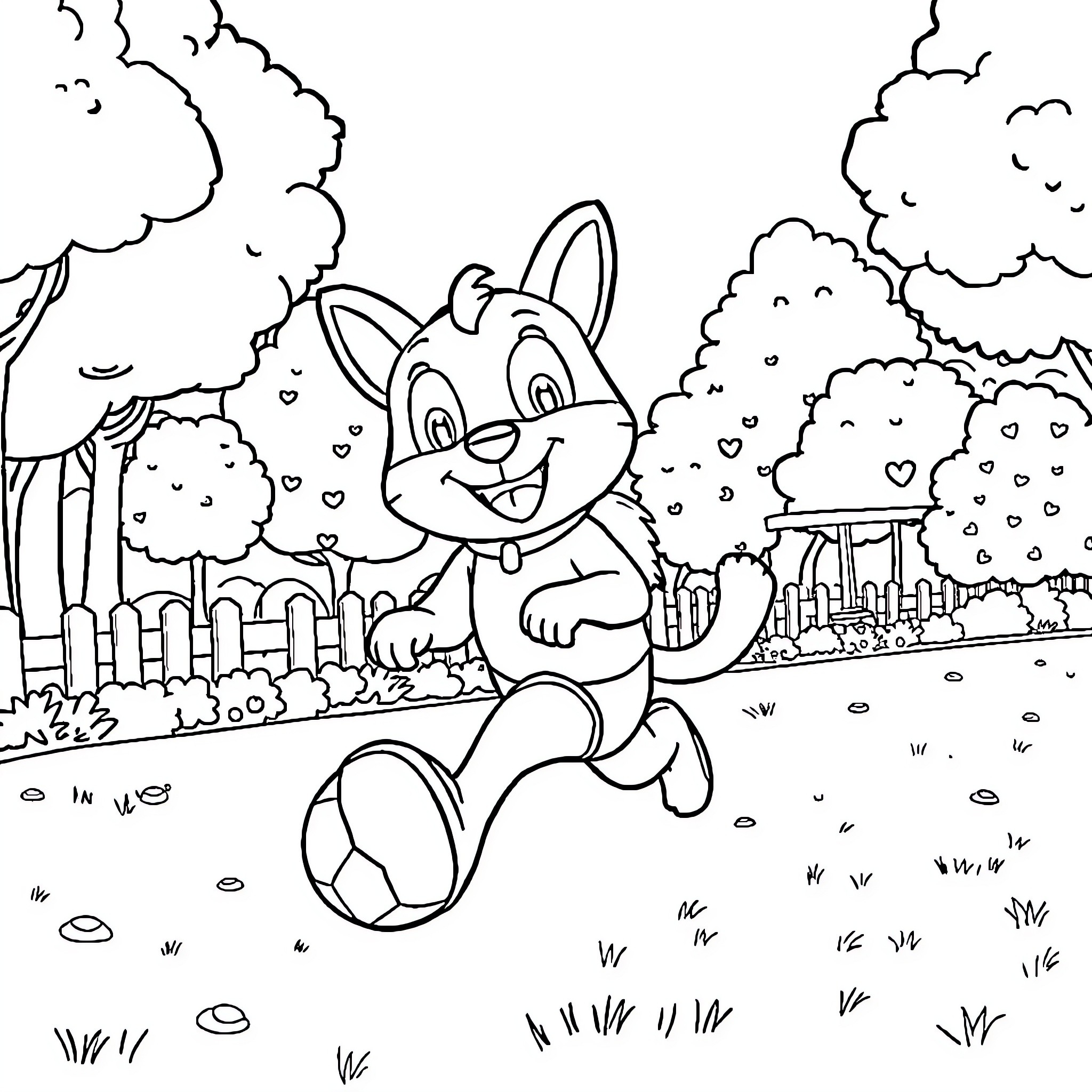 Pat Patrouille character in a playful outdoor scene Coloring Page (free black-and-white line drawing printable PDF for all, from beginners to advanced learners, including children, teens, adults, and seniors)