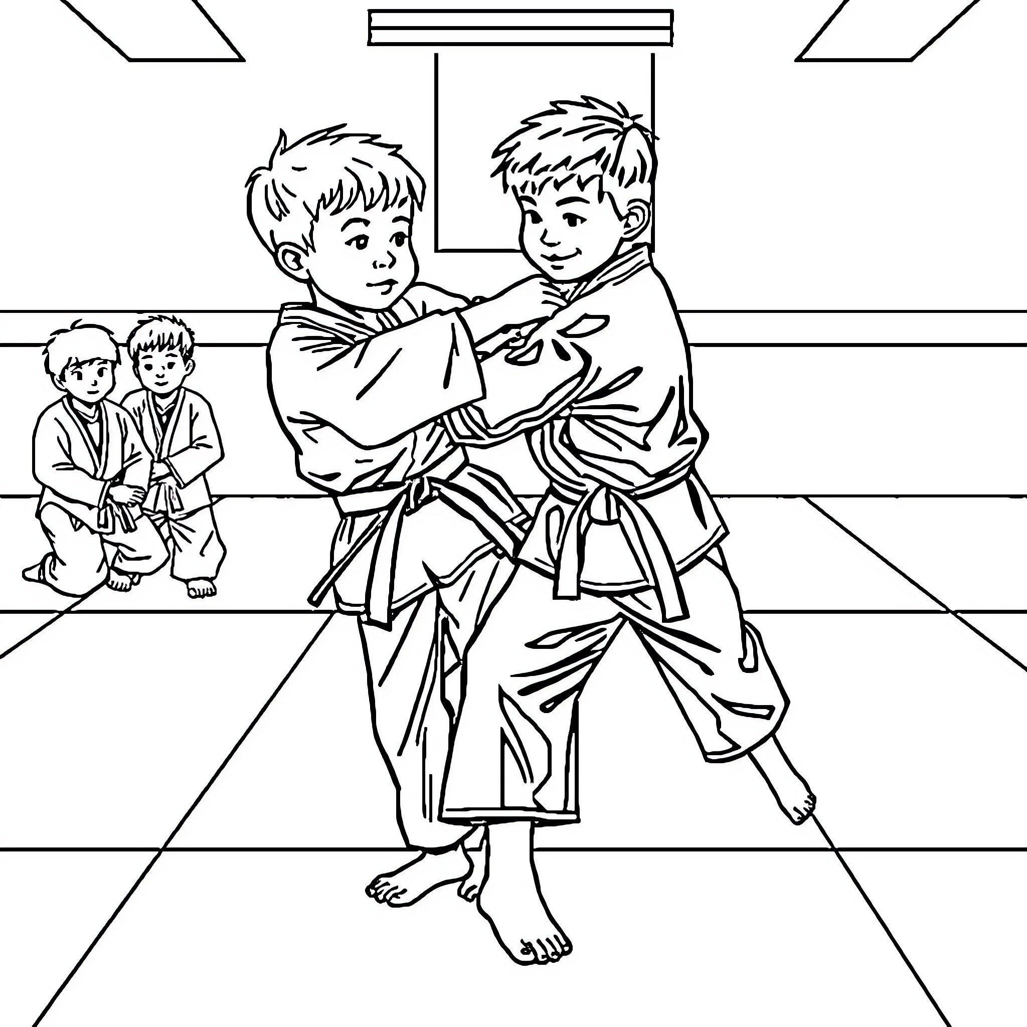Jujitsu practice session with two young athletes Coloring Page (free black-and-white line drawing printable PDF for all, from beginners to advanced learners, including children, teens, adults, and seniors)
