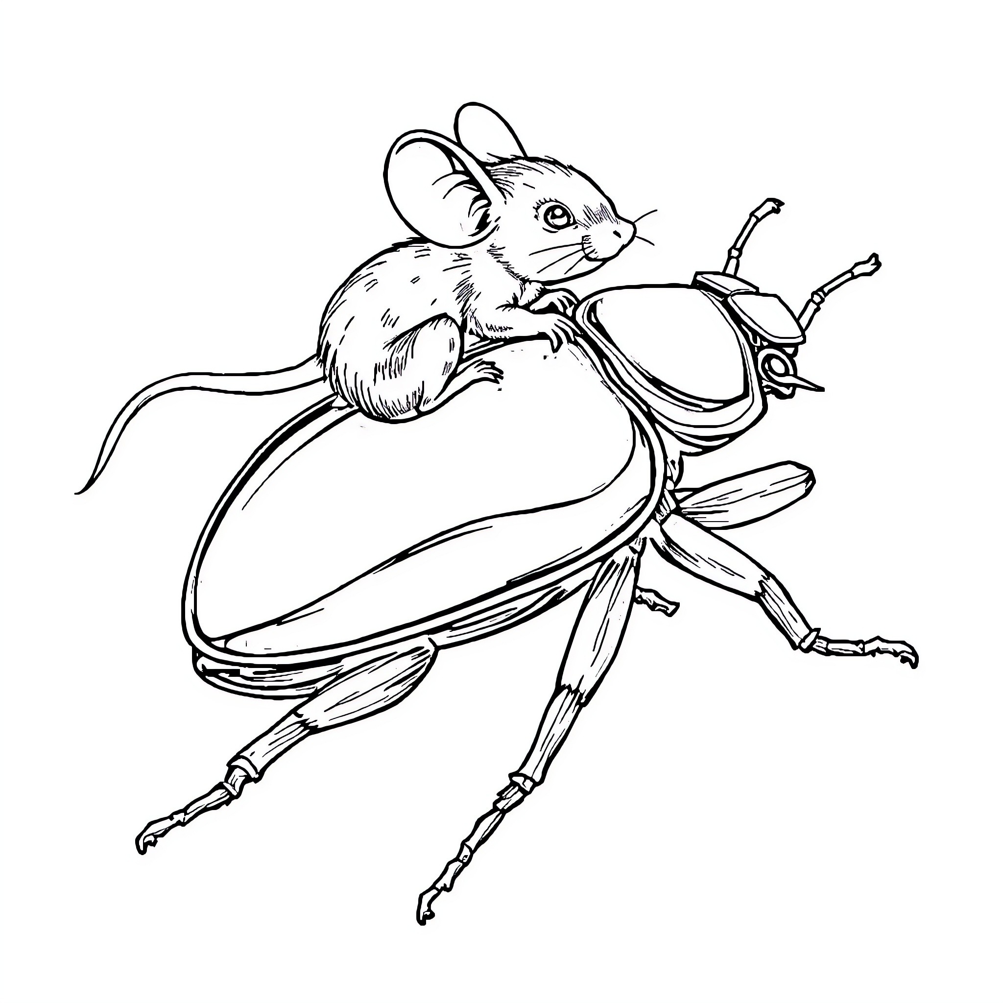 Mouse riding a mechanical insect Coloring Page (free black-and-white line drawing printable PDF for all, from beginners to advanced learners, including children, teens, adults, and seniors)