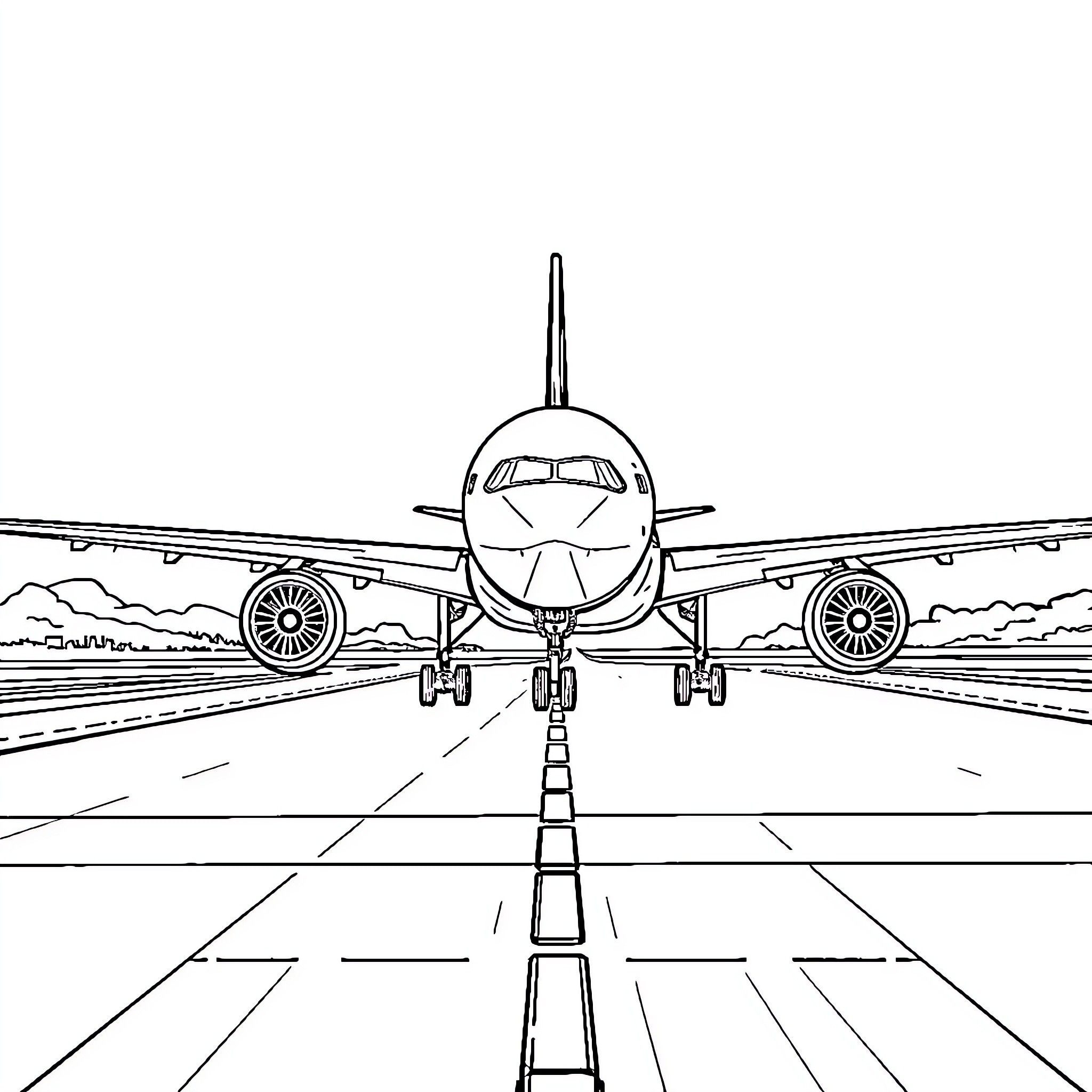 Boeing 777 Airliner on Runway Coloring Page (free black-and-white line drawing printable PDF for all, from beginners to advanced learners, including children, teens, adults, and seniors)