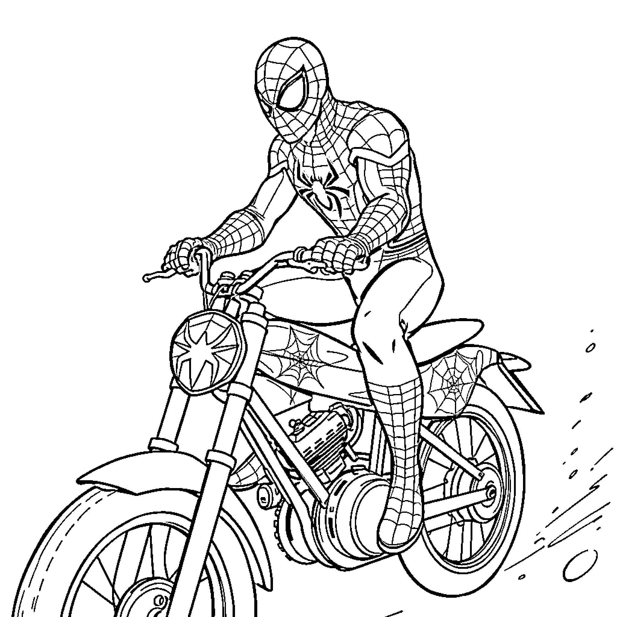 Spiderman riding a motorcycle in action Coloring Page (free black-and-white line drawing printable PDF for all, from beginners to advanced learners, including children, teens, adults, and seniors)