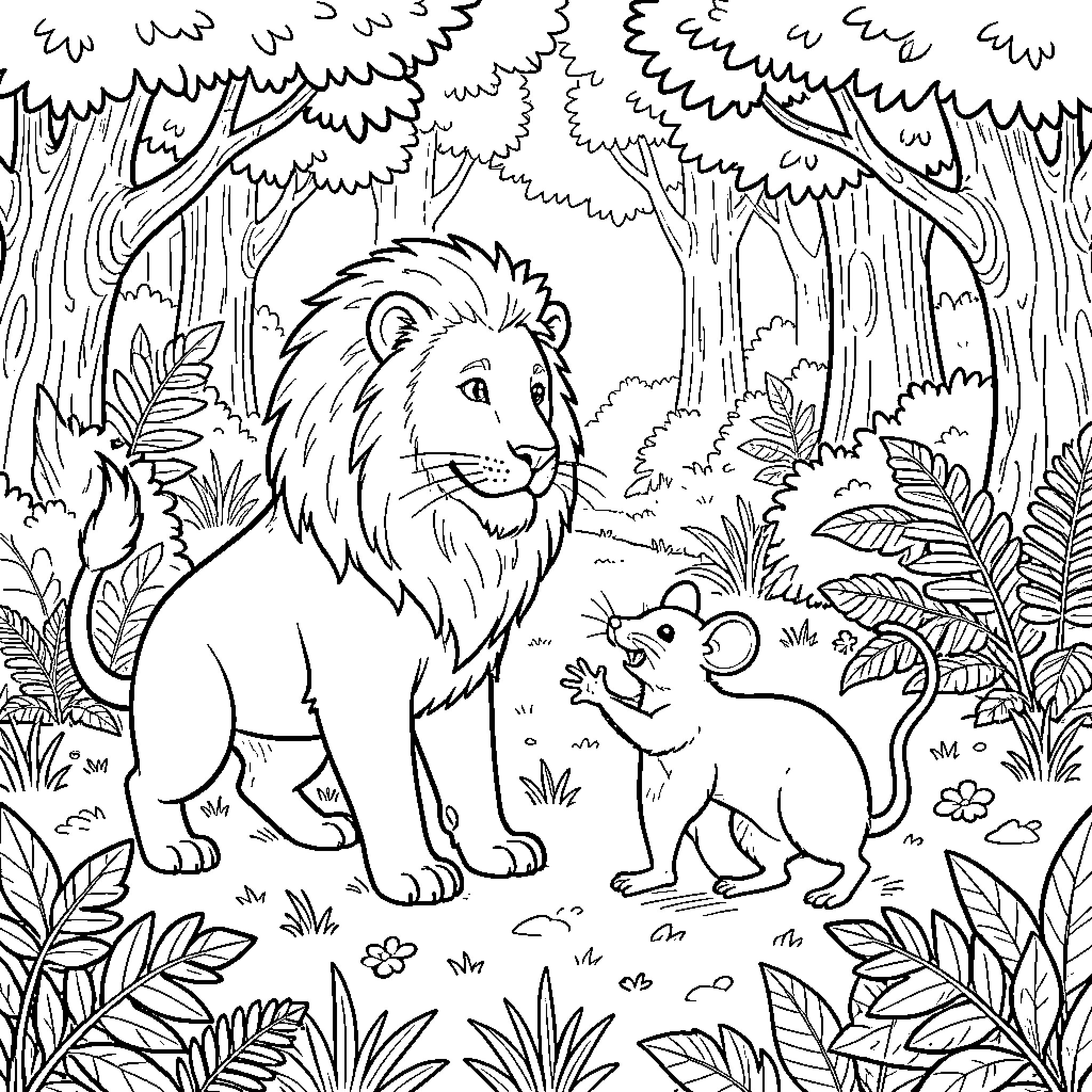 Lion looking kindly at a small mouse in the jungle Coloring Page (free black-and-white line drawing printable PDF for all, from beginners to advanced learners, including children, teens, adults, and seniors)