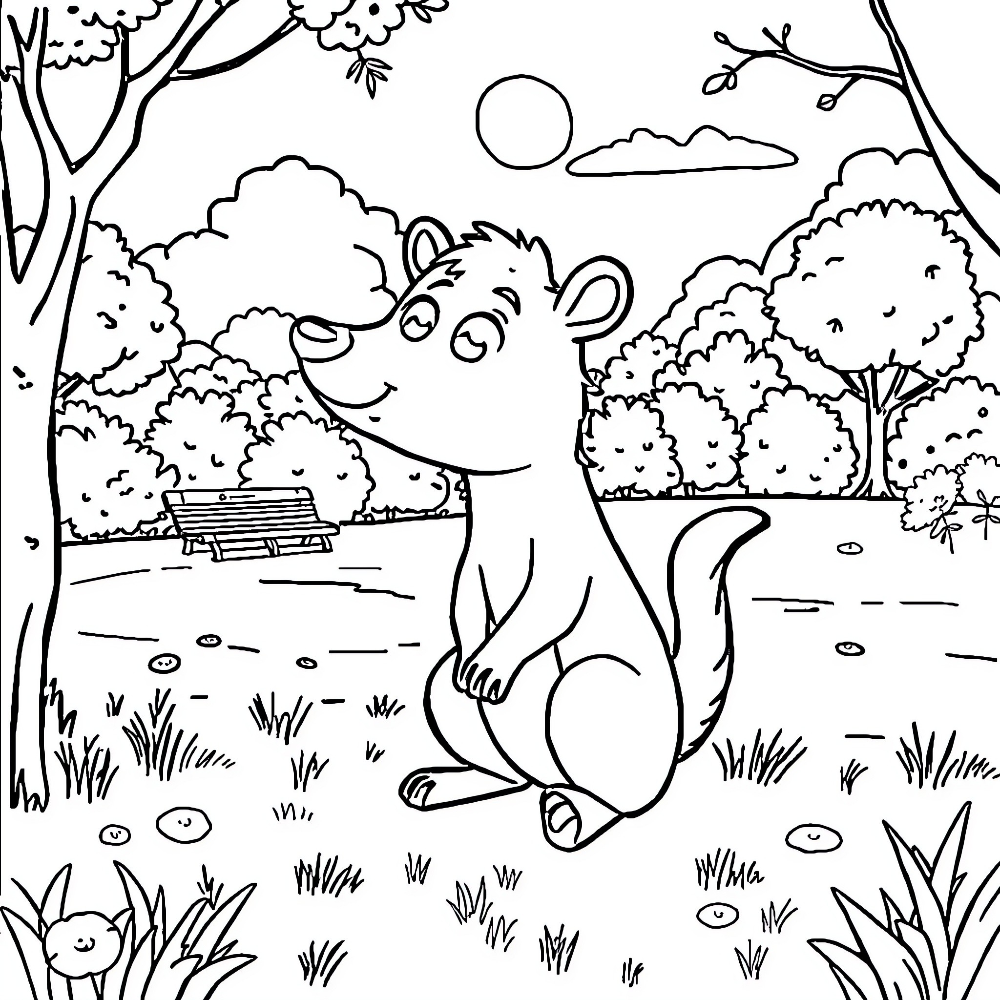 Animal playing in an outdoor park scene Coloring Page (free black-and-white line drawing printable PDF for all, from beginners to advanced learners, including children, teens, adults, and seniors)