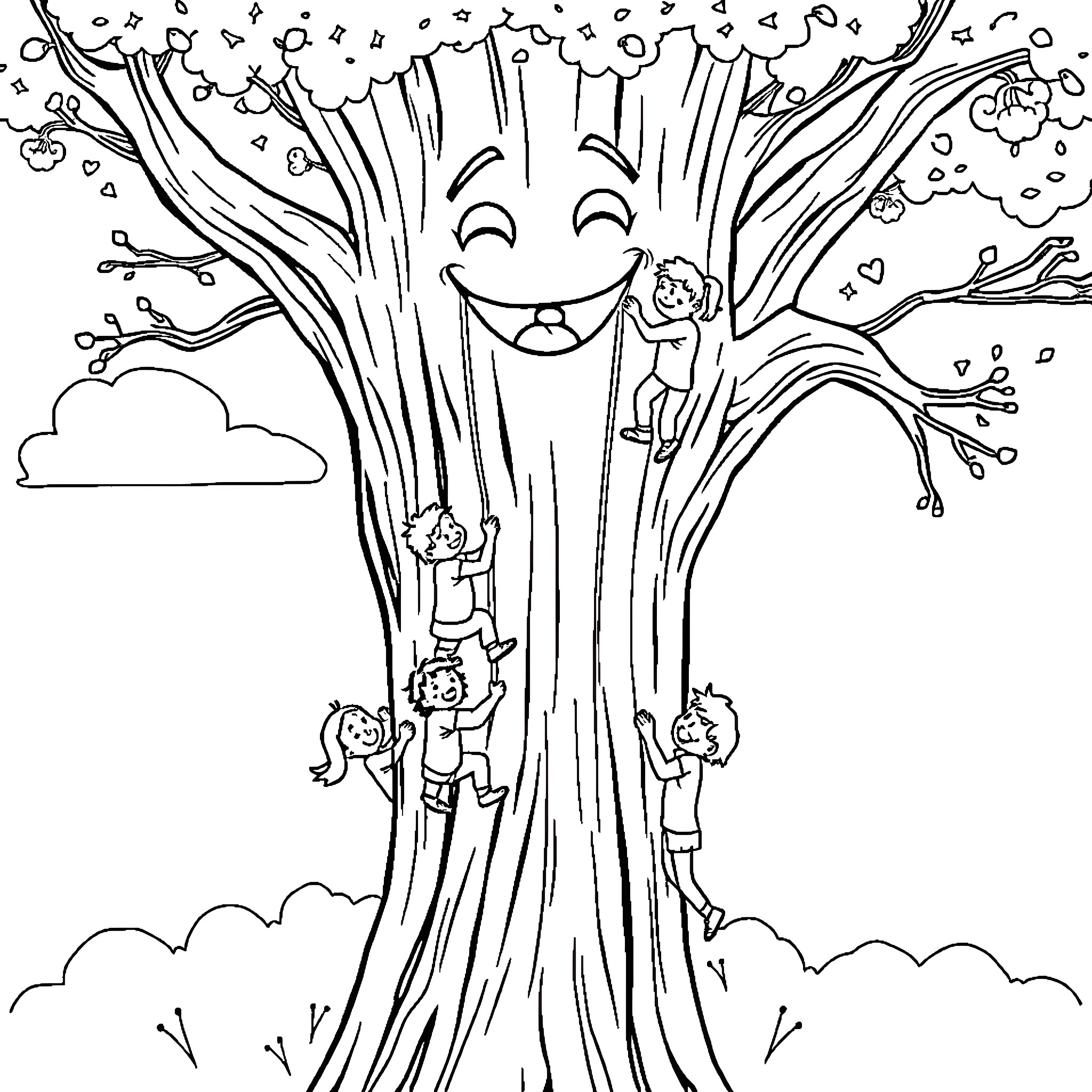 Tree of Joy with Children Playing Coloring Page (free black-and-white line drawing printable PDF for all, from beginners to advanced learners, including children, teens, adults, and seniors)