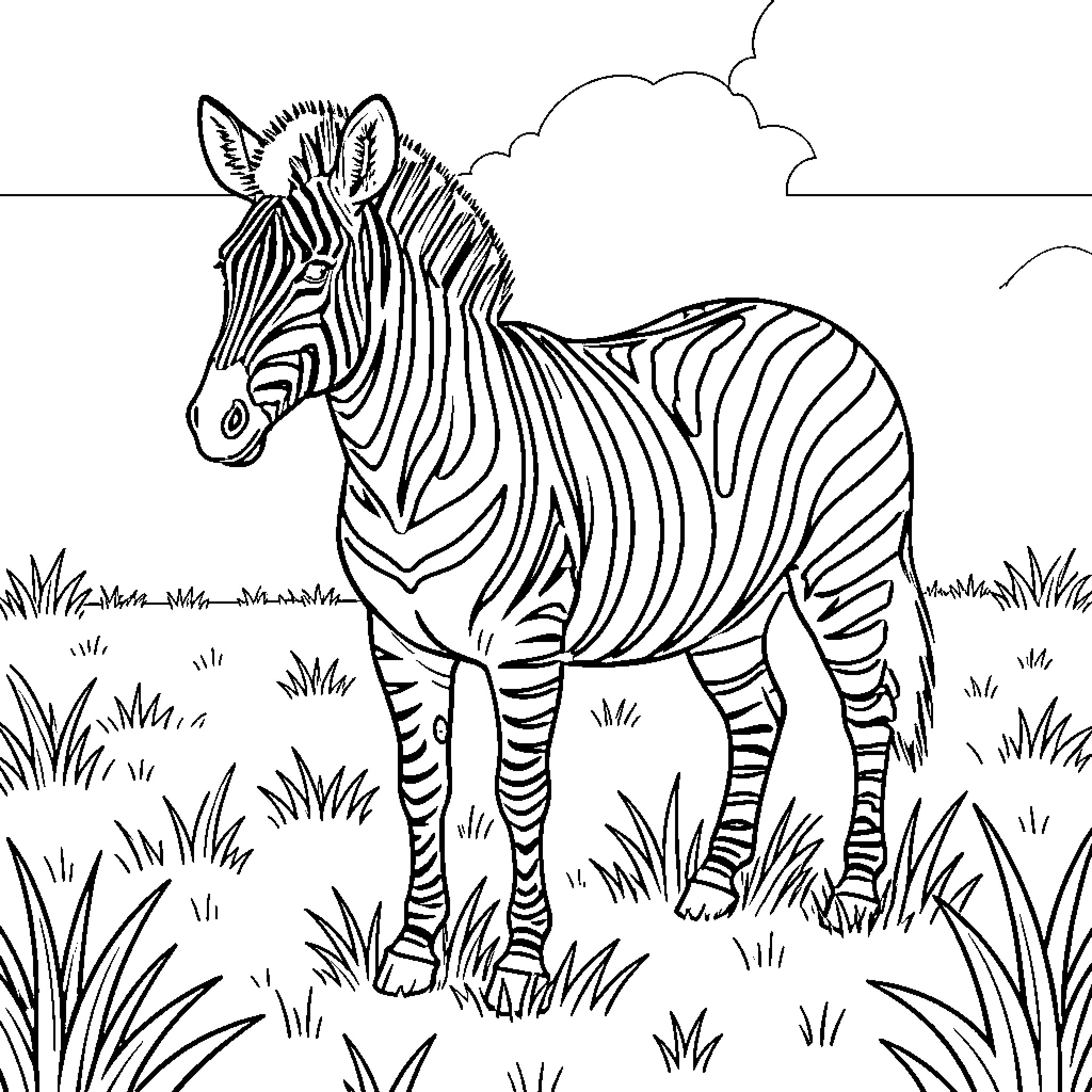 Zebra standing in grassy field with clouds Coloring Page (free black-and-white line drawing printable PDF for all, from beginners to advanced learners, including children, teens, adults, and seniors)