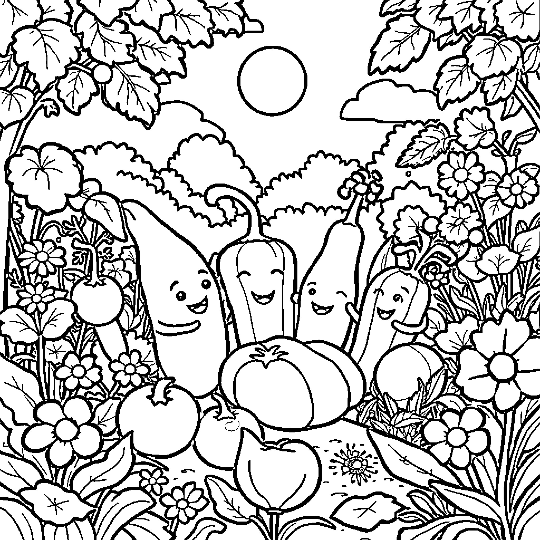 Vegetable Friends Enjoying Nature's Garden Coloring Page (free black-and-white line drawing printable PDF for all, from beginners to advanced learners, including children, teens, adults, and seniors)