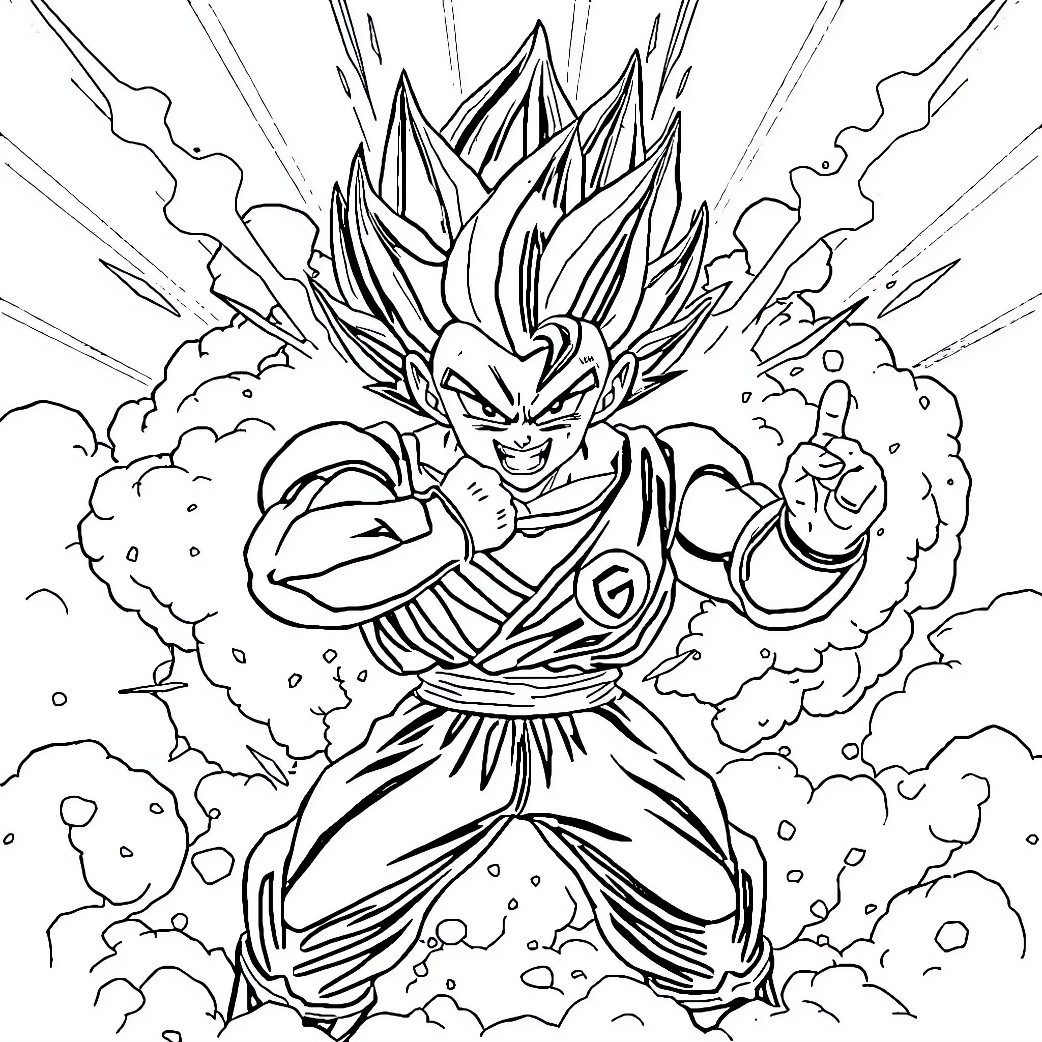 Vegeta's Explosive Transformation Coloring Page (free black-and-white line drawing printable PDF for all, from beginners to advanced learners, including children, teens, adults, and seniors)