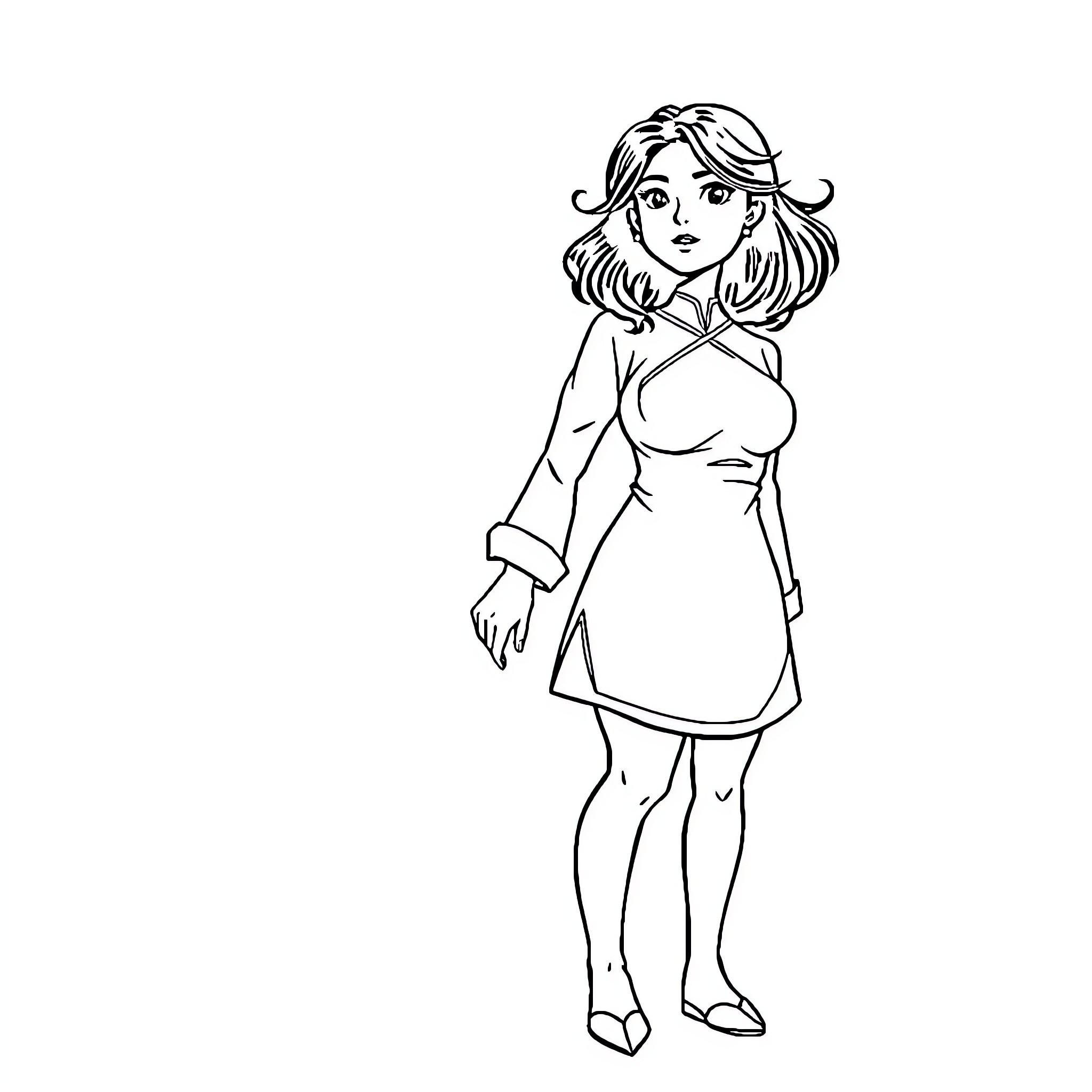 Sung Ji Wou's Confident Pose Coloring Page (free black-and-white line drawing printable PDF for all, from beginners to advanced learners, including children, teens, adults, and seniors)