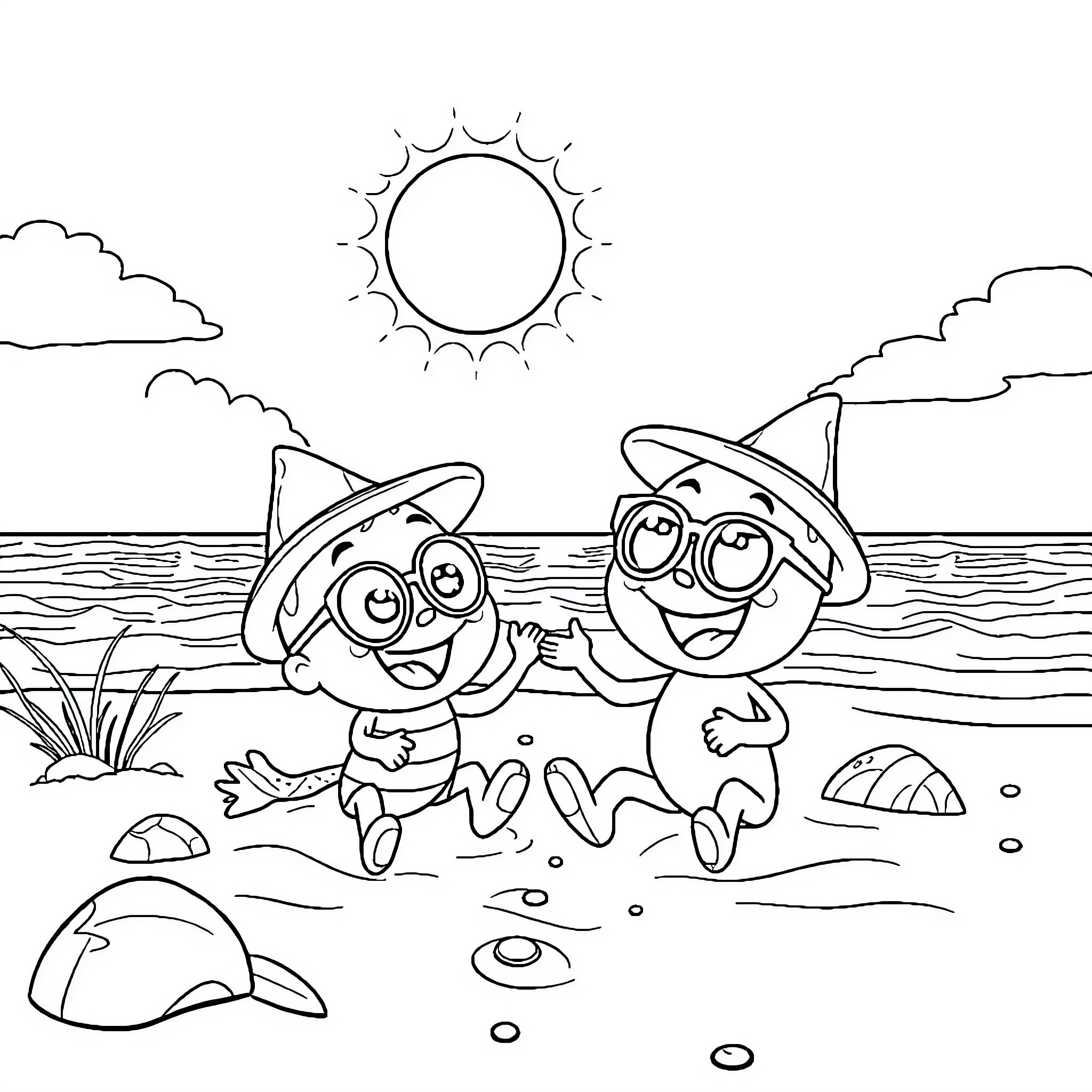 Blippi Enjoying a Beach Day with Friends Coloring Page (free black-and-white line drawing printable PDF for all, from beginners to advanced learners, including children, teens, adults, and seniors)
