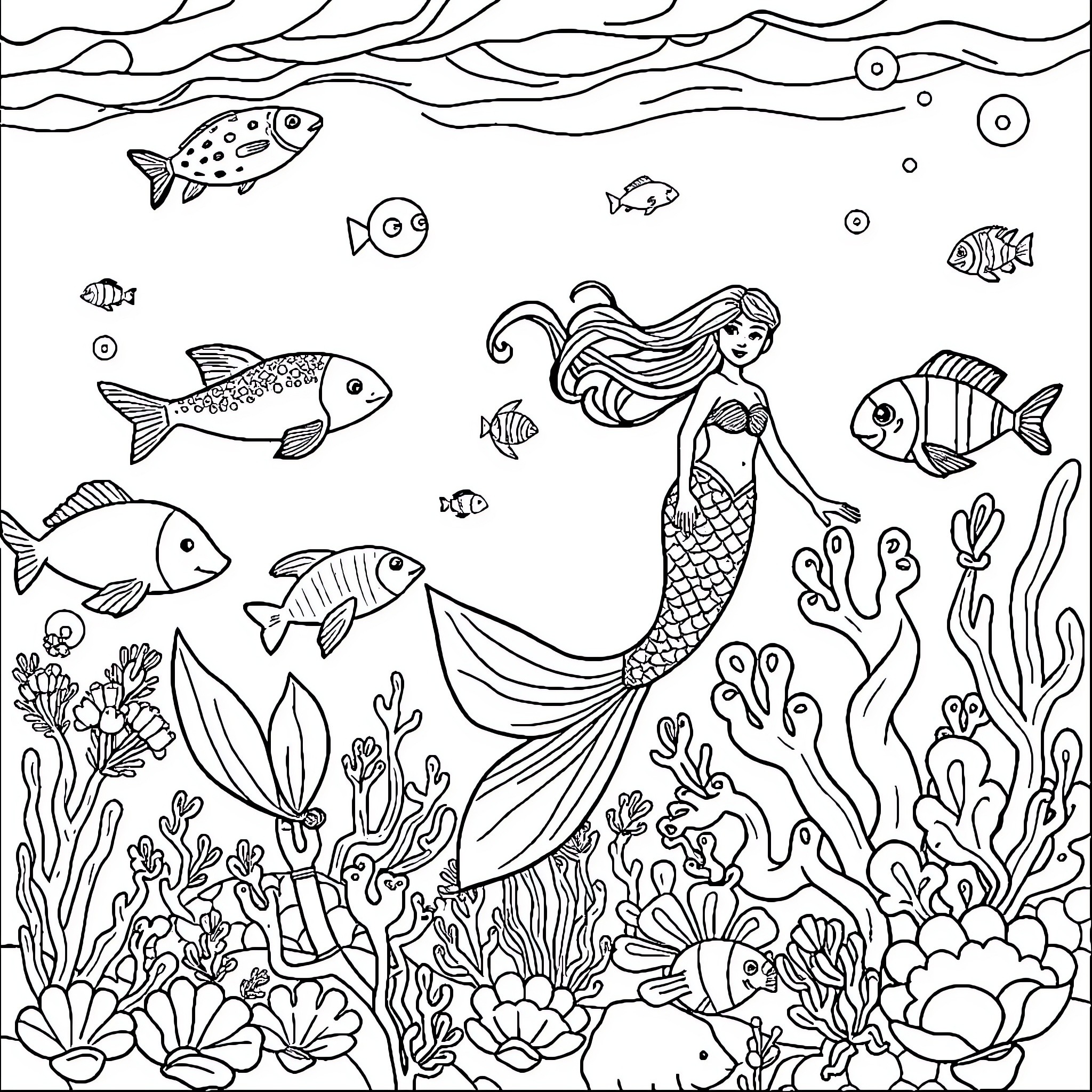 Sea Animal Mermaid swimming among the colorful sea creatures Coloring Page (free black-and-white line drawing printable PDF for all, from beginners to advanced learners, including children, teens, adults, and seniors)