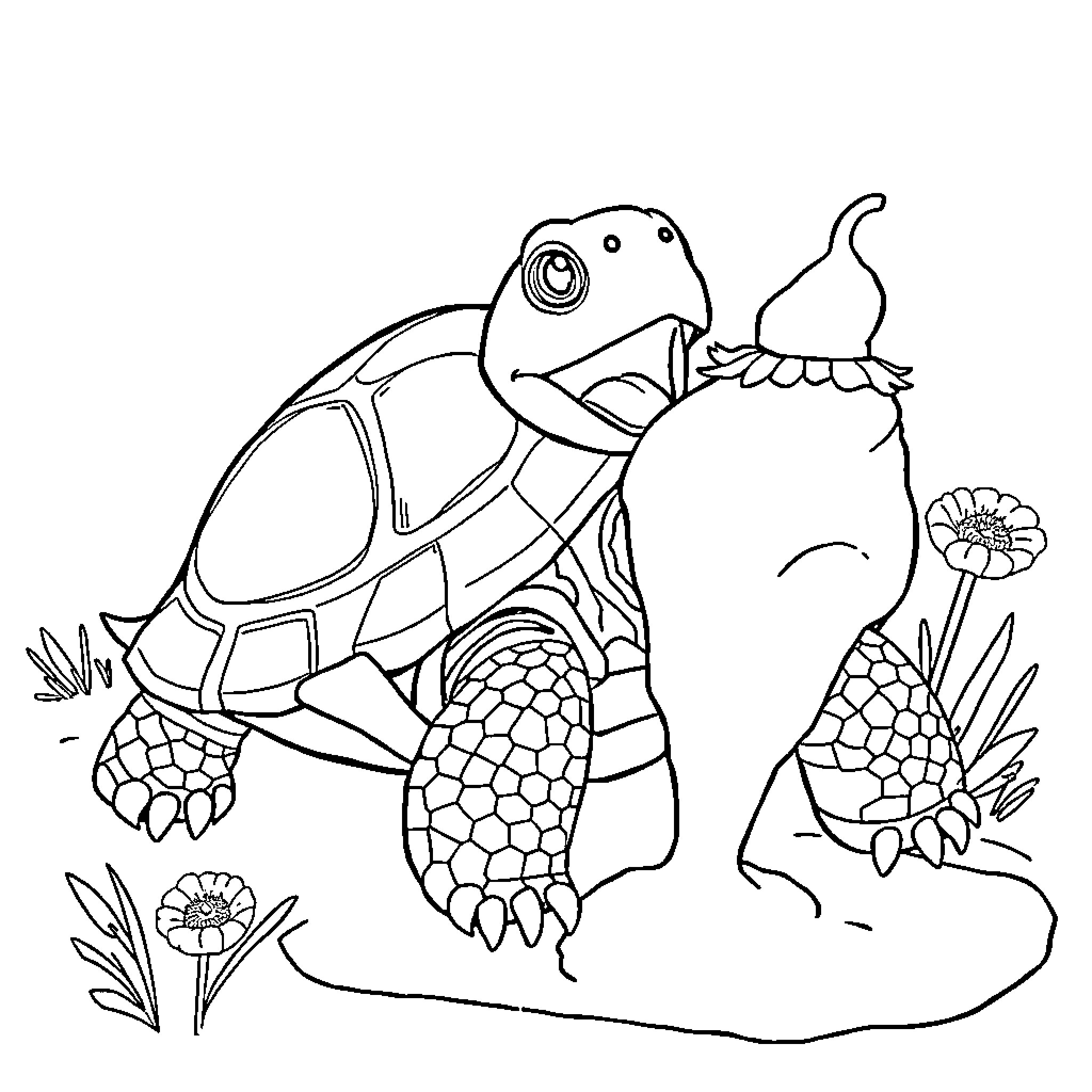 Turtle enjoying a tasty snack in nature Coloring Page (free black-and-white line drawing printable PDF for all, from beginners to advanced learners, including children, teens, adults, and seniors)