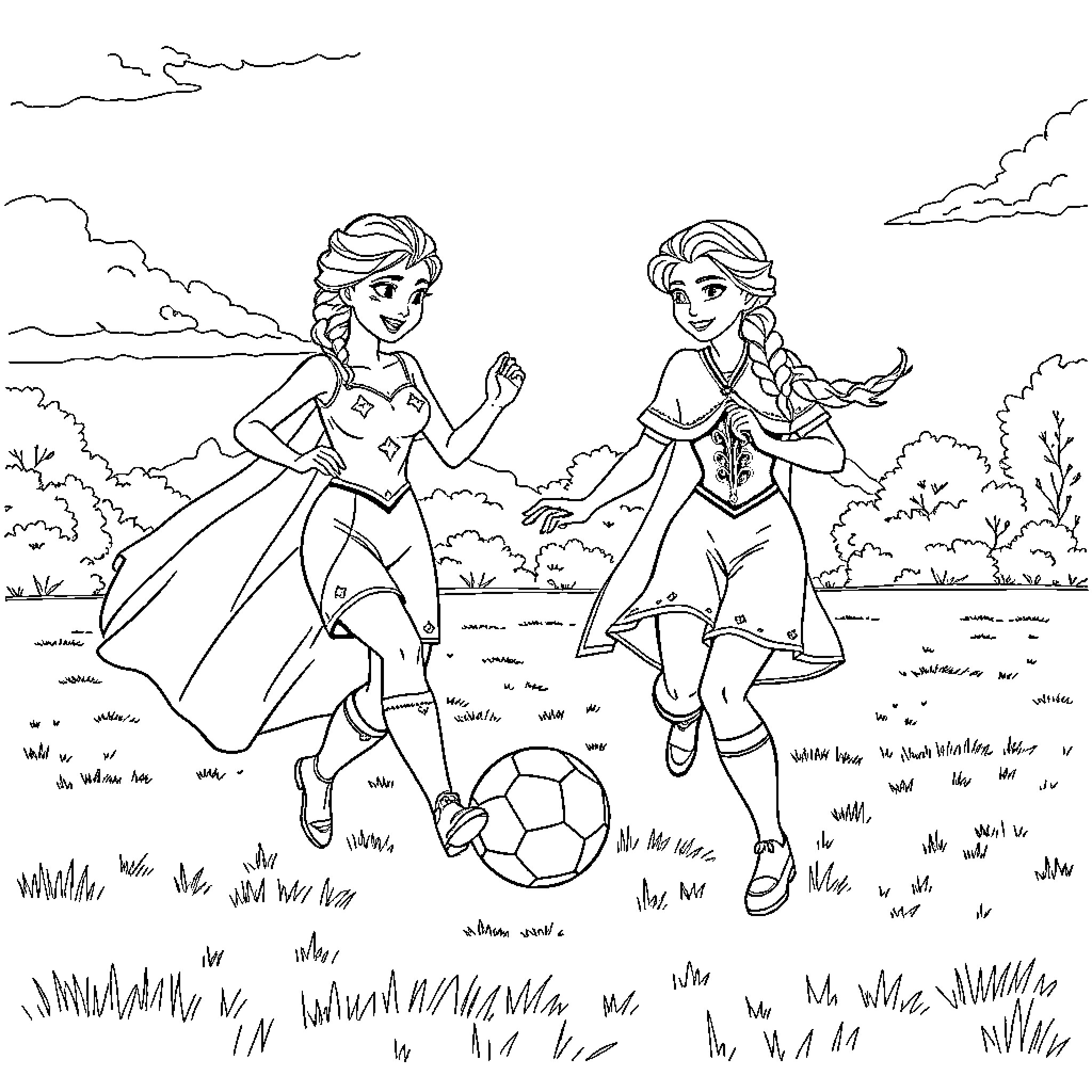 Elsa and Anna playing soccer in the meadow Coloring Page (free black-and-white line drawing printable PDF for all, from beginners to advanced learners, including children, teens, adults, and seniors)
