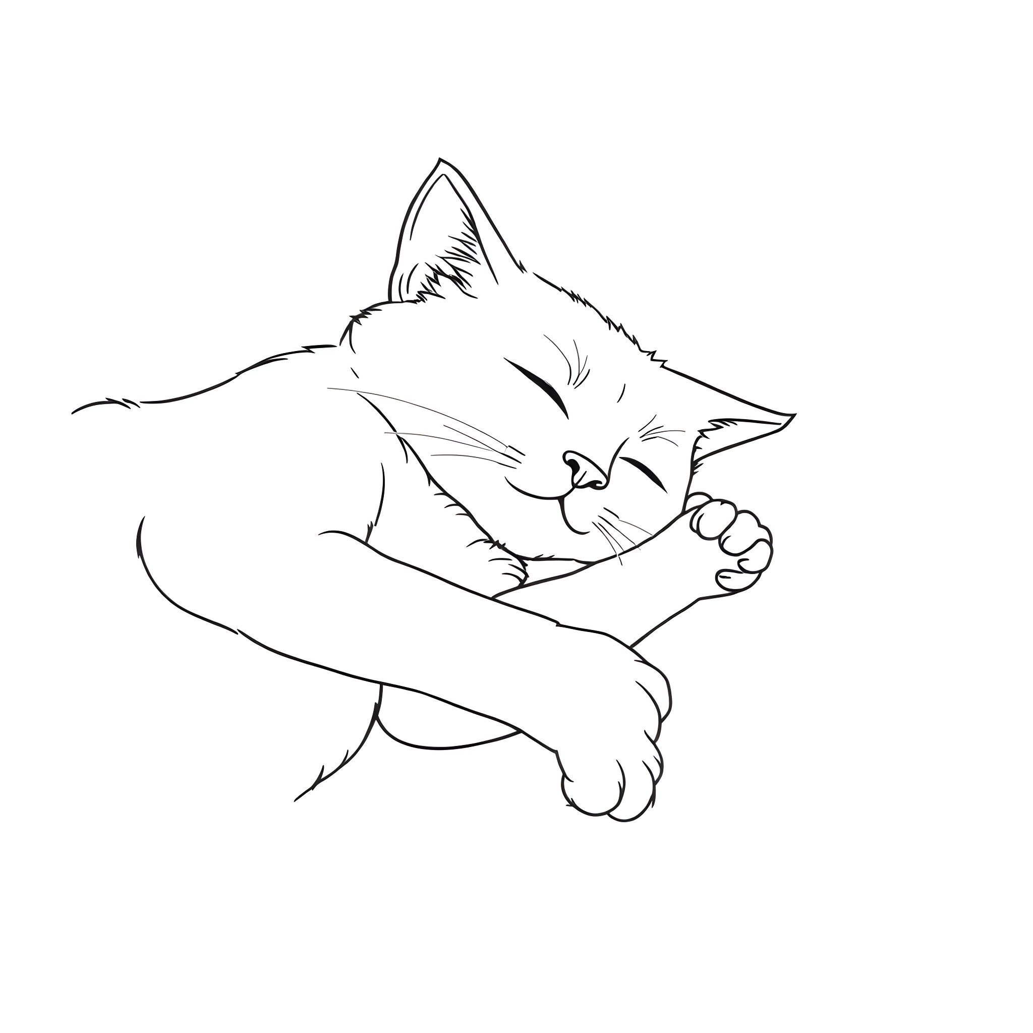 Cat sleeping contentedly Coloring Page (free black-and-white line drawing printable PDF for all, from beginners to advanced learners, including children, teens, adults, and seniors)
