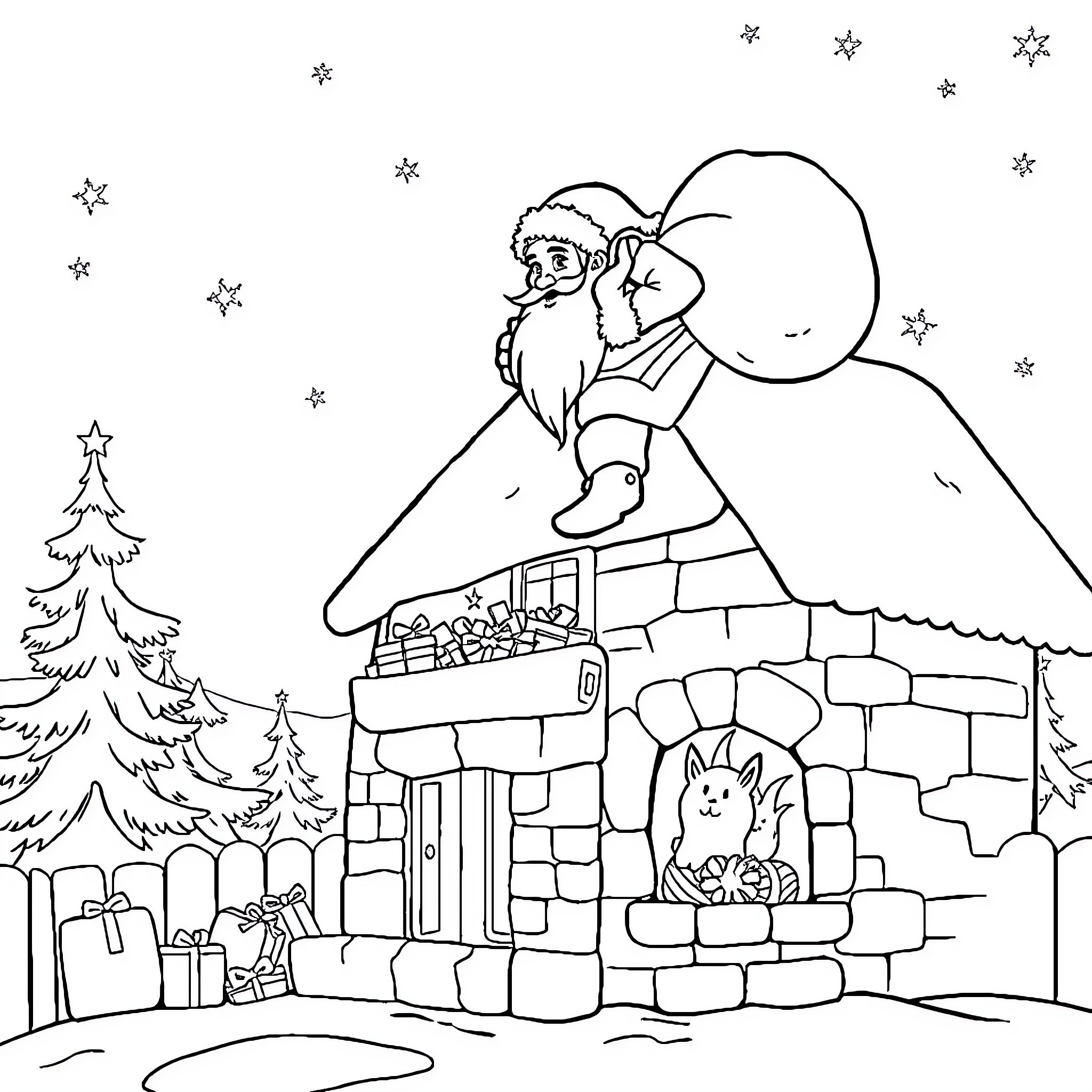 Père Noël Delivering Gifts at Snowy Cottage Coloring Page (free black-and-white line drawing printable PDF for all, from beginners to advanced learners, including children, teens, adults, and seniors)