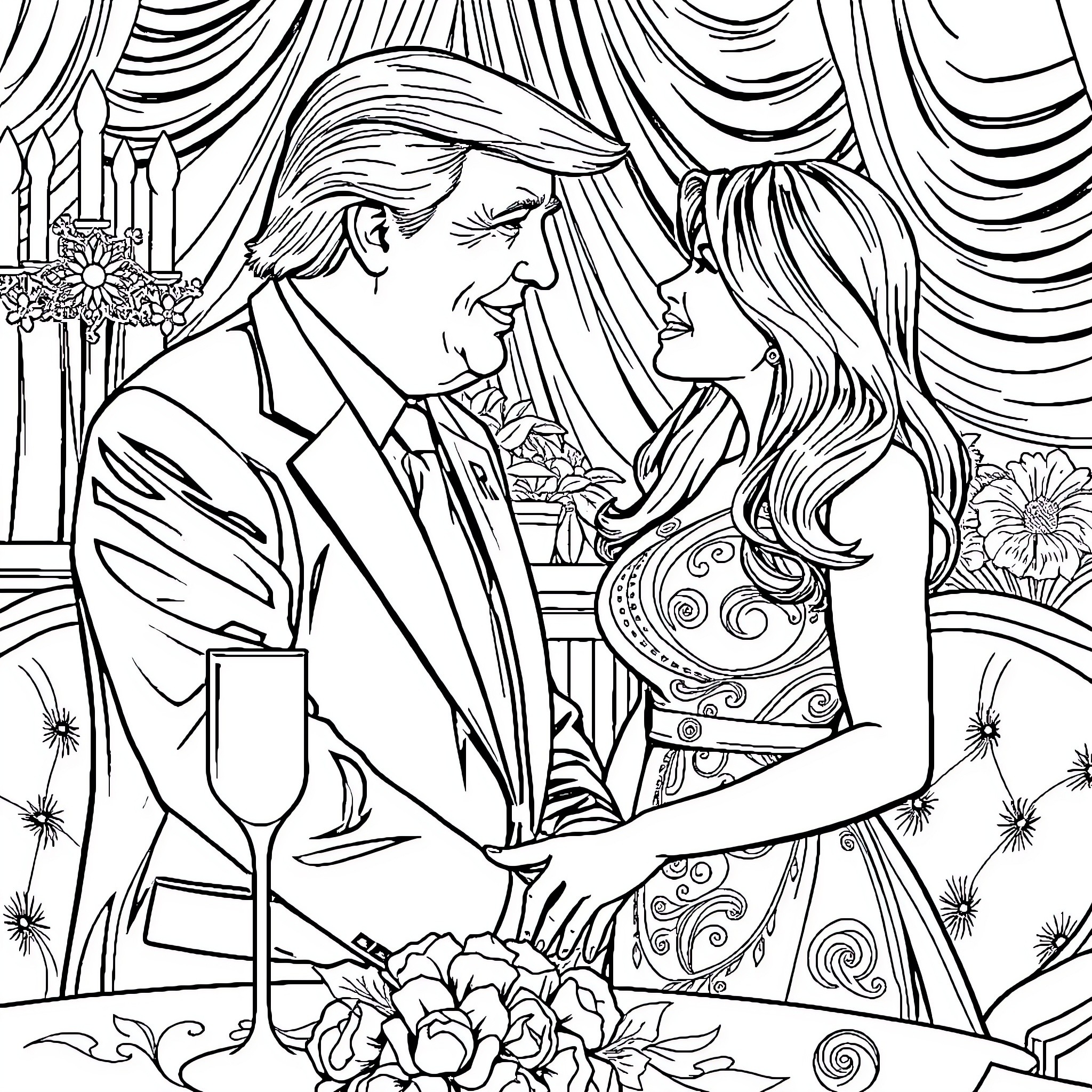 Trump and a Woman Embracing at a Formal Event Coloring Page (free black-and-white line drawing printable PDF for all, from beginners to advanced learners, including children, teens, adults, and seniors)