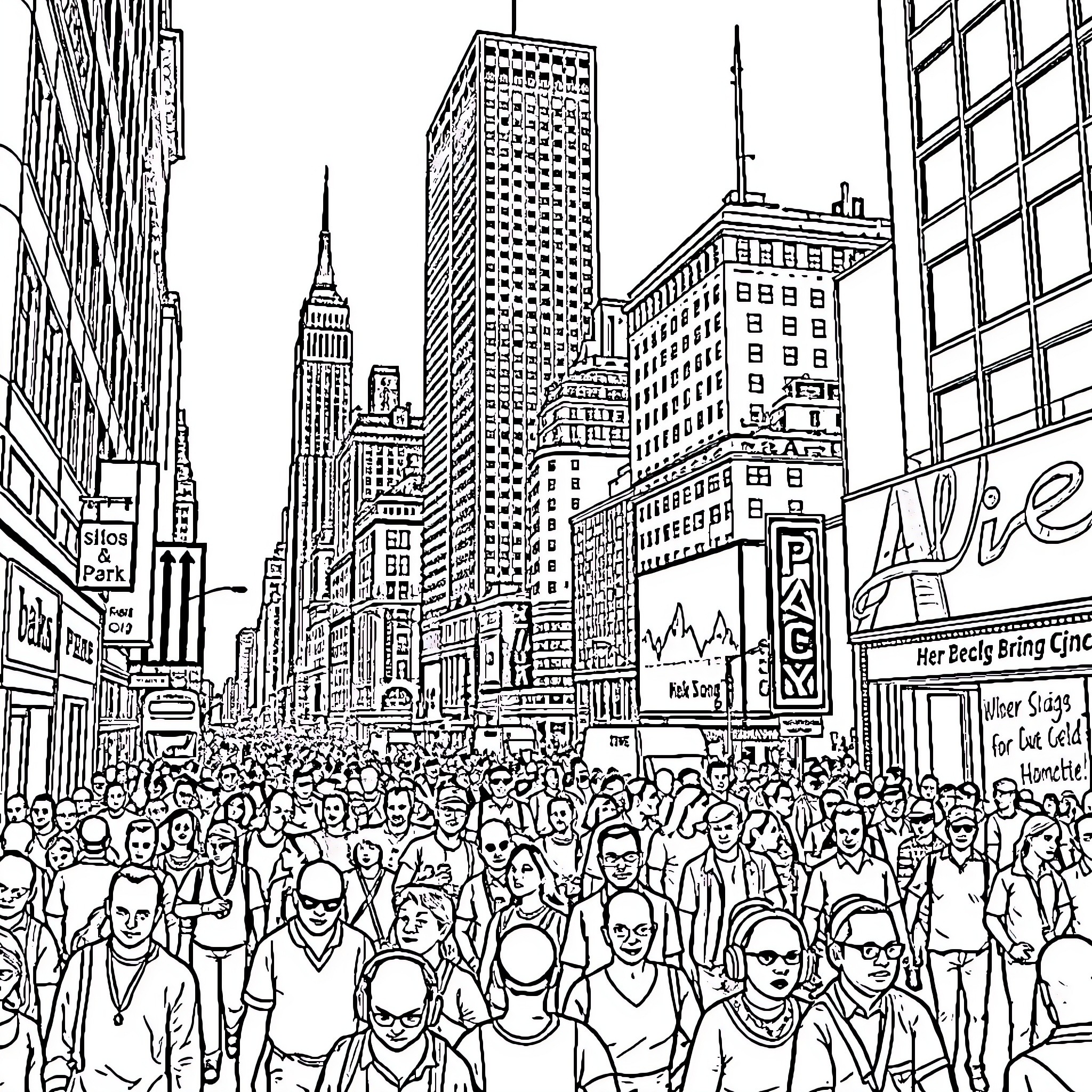 New York City skyline with bustling city streets Coloring Page (free black-and-white line drawing printable PDF for all, from beginners to advanced learners, including children, teens, adults, and seniors)