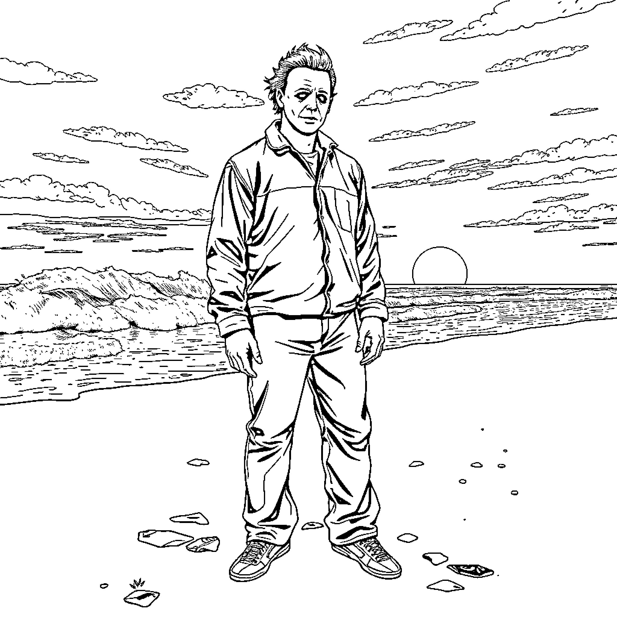 Michael Myers in a pensive moment by the ocean Coloring Page (free black-and-white line drawing printable PDF for all, from beginners to advanced learners, including children, teens, adults, and seniors)