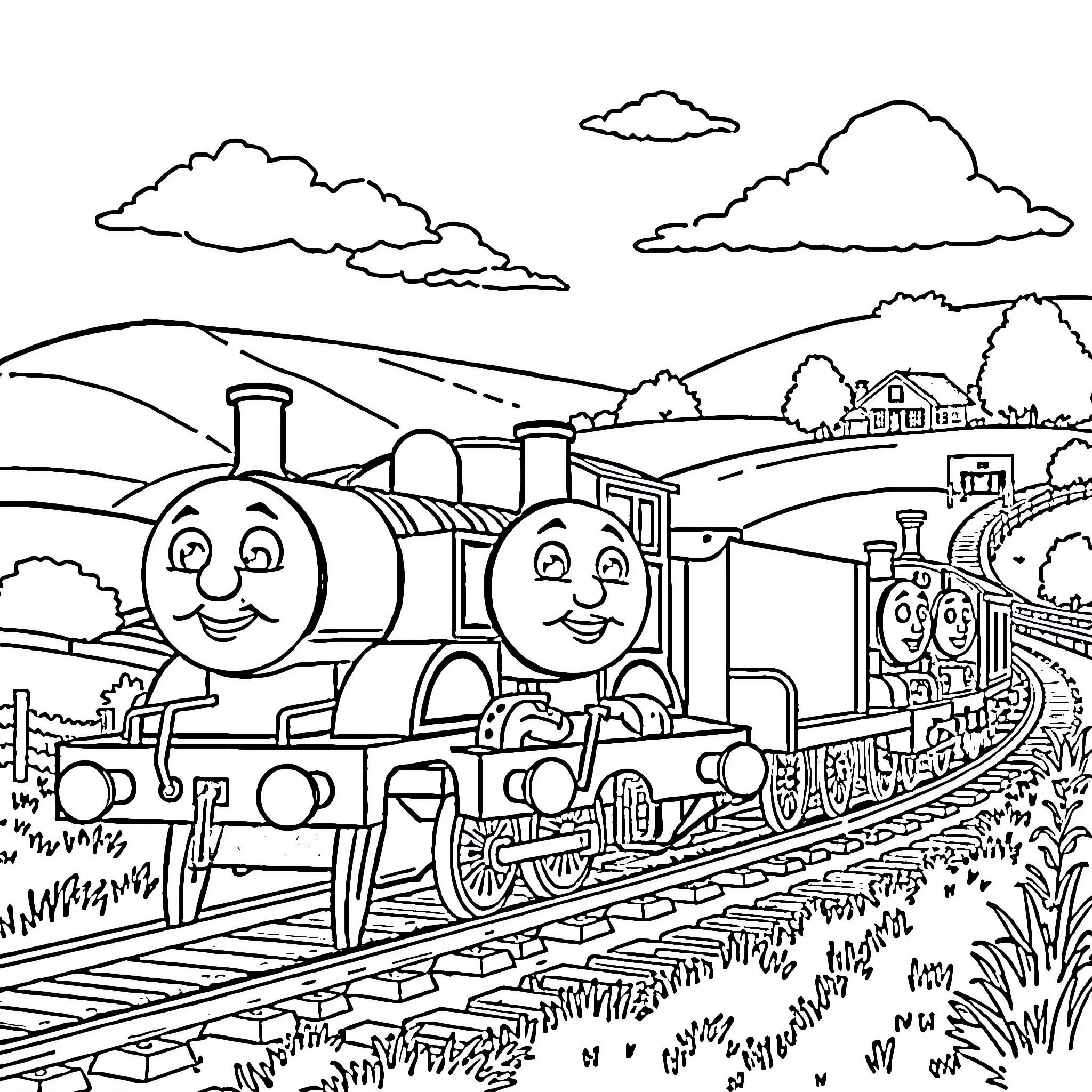 Thomas and his train friends explore the countryside Coloring Page (free black-and-white line drawing printable PDF for all, from beginners to advanced learners, including children, teens, adults, and seniors)