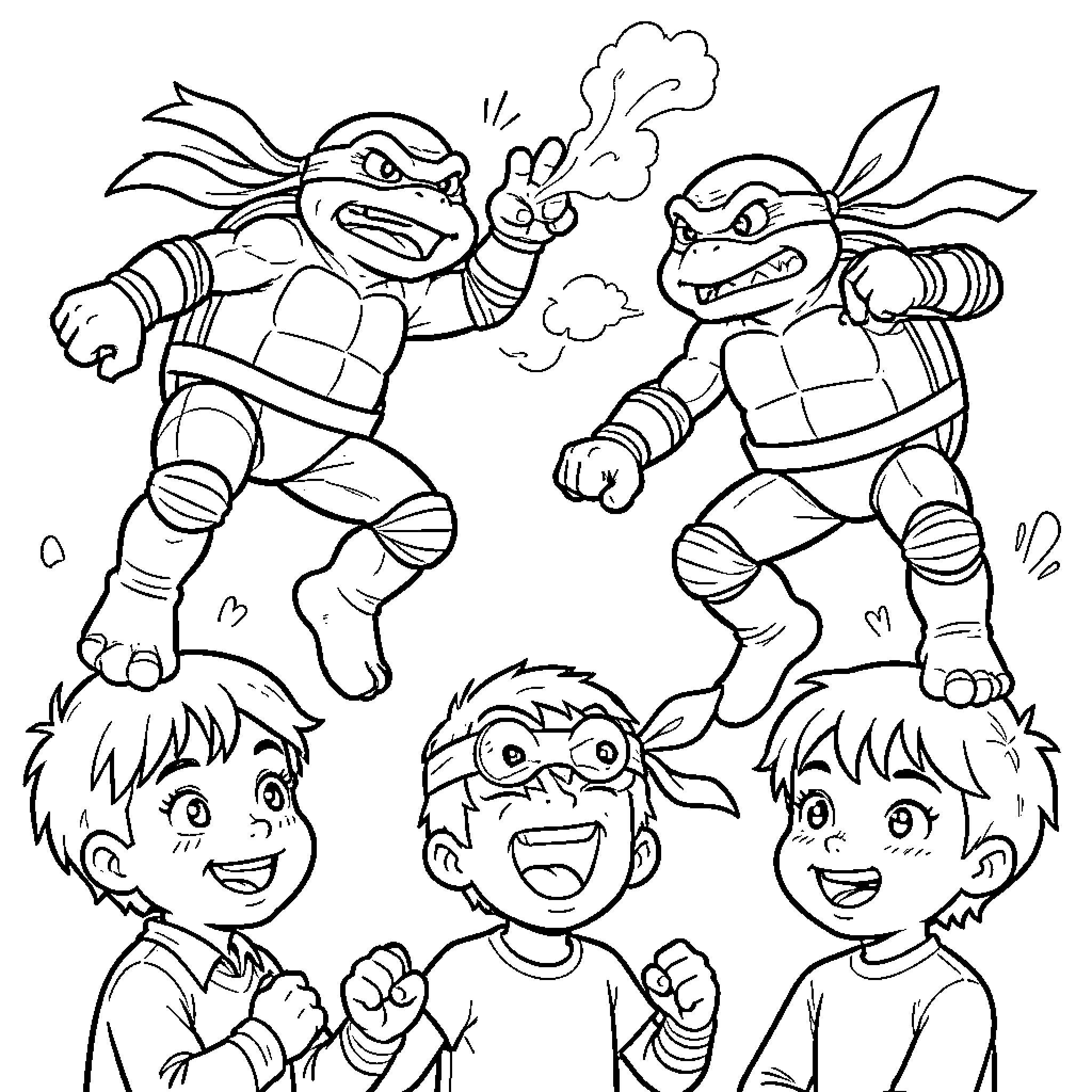 Ninja Turtles in action with cheering children Coloring Page (free black-and-white line drawing printable PDF for all, from beginners to advanced learners, including children, teens, adults, and seniors)
