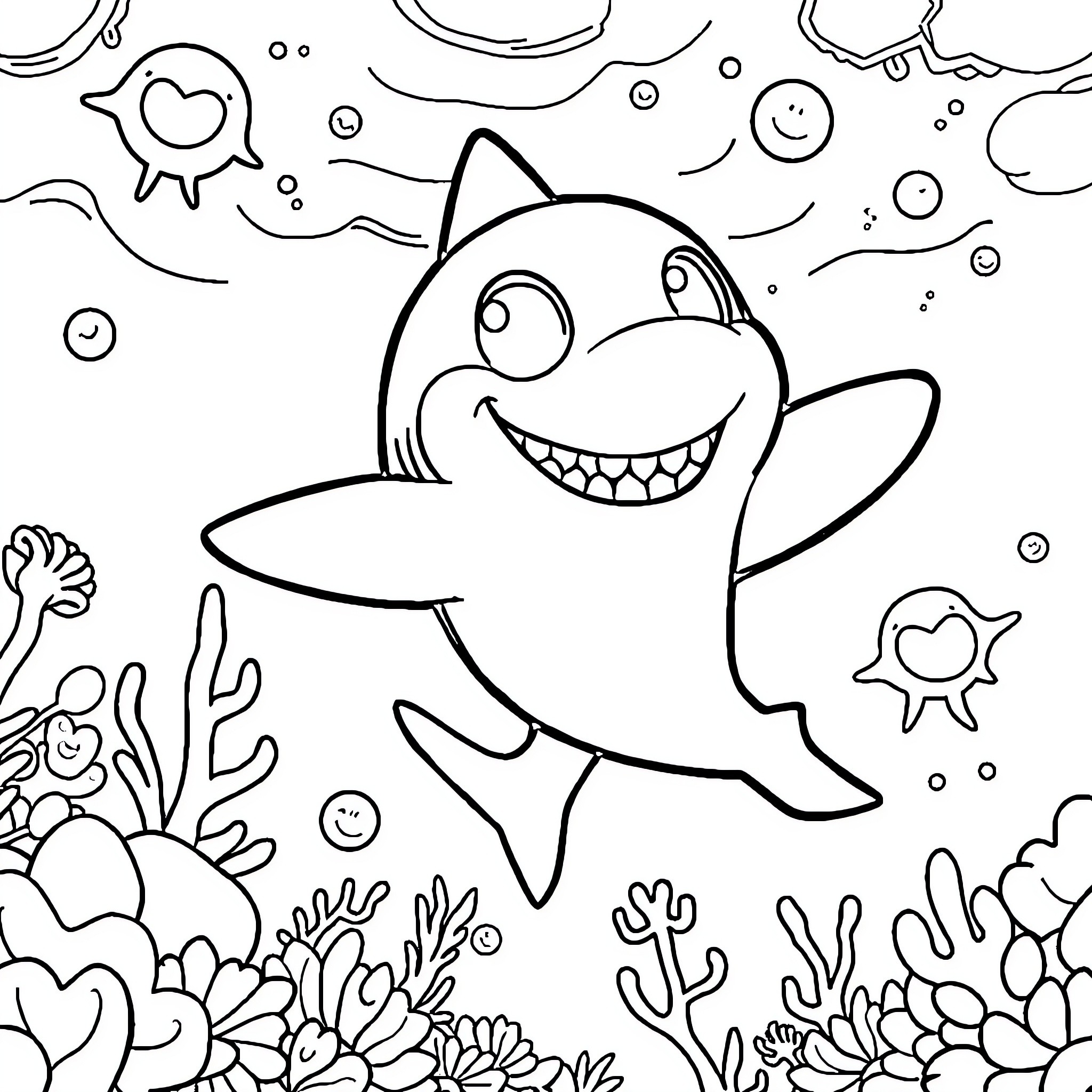 Shark swimming happily in the ocean Coloring Page (free black-and-white line drawing printable PDF for all, from beginners to advanced learners, including children, teens, adults, and seniors)