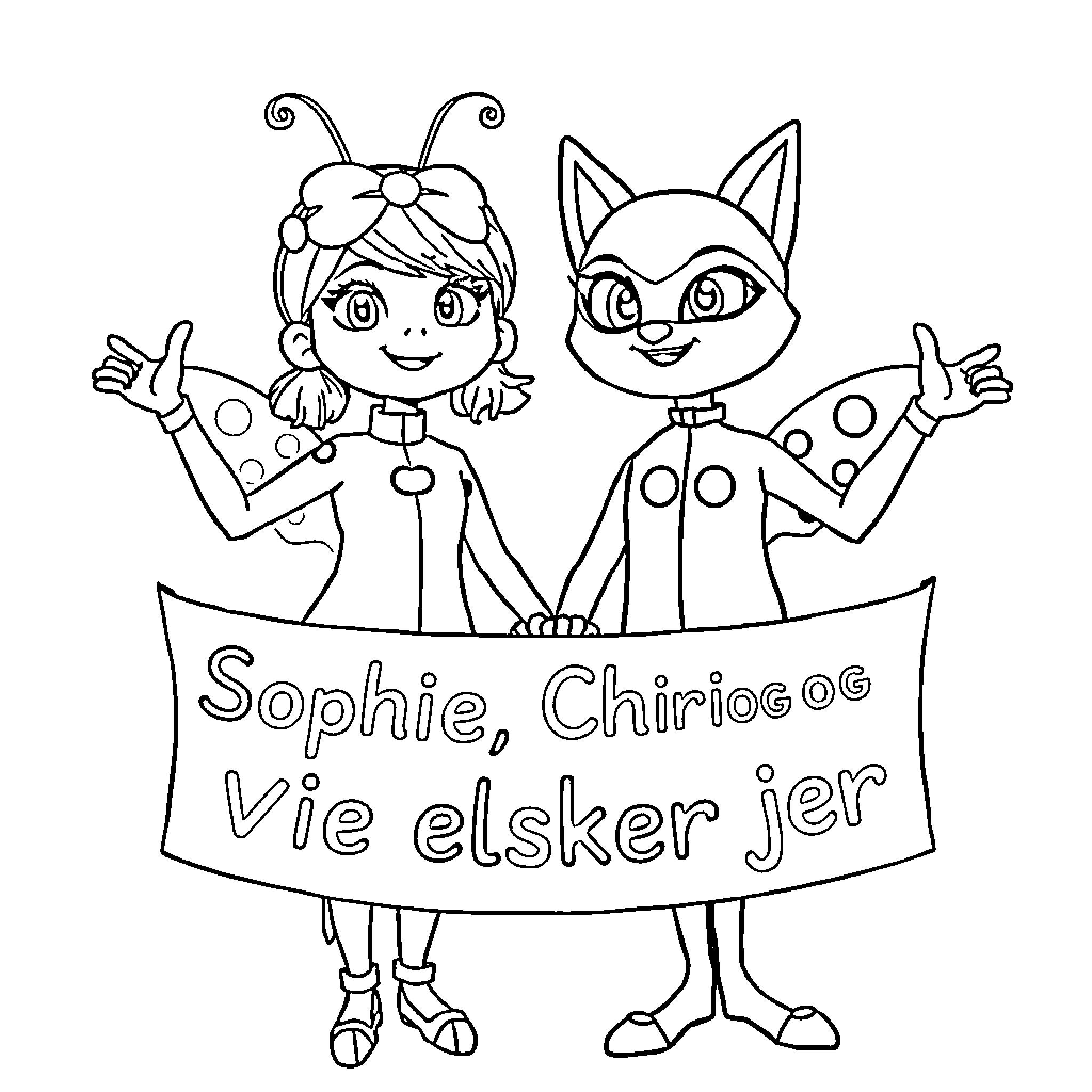 Ladybug and Kitten Friends Hold a Banner Coloring Page (free black-and-white line drawing printable PDF for all, from beginners to advanced learners, including children, teens, adults, and seniors)