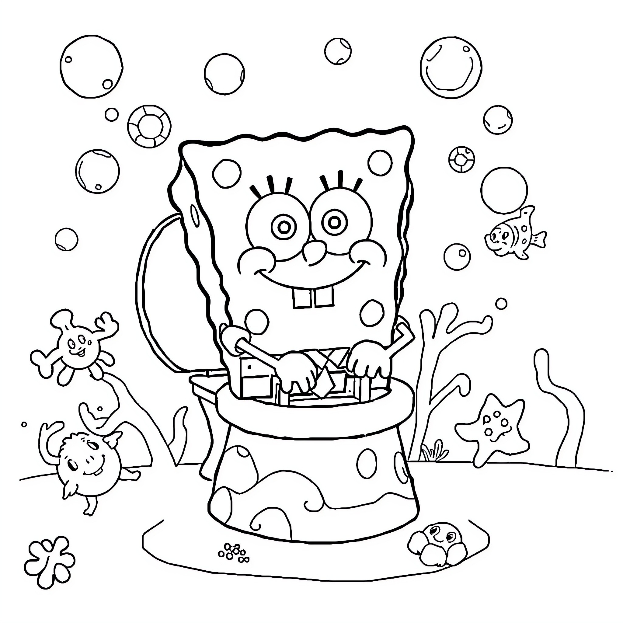 Spongebob's Underwater Adventures with Friends Coloring Page (free black-and-white line drawing printable PDF for all, from beginners to advanced learners, including children, teens, adults, and seniors)