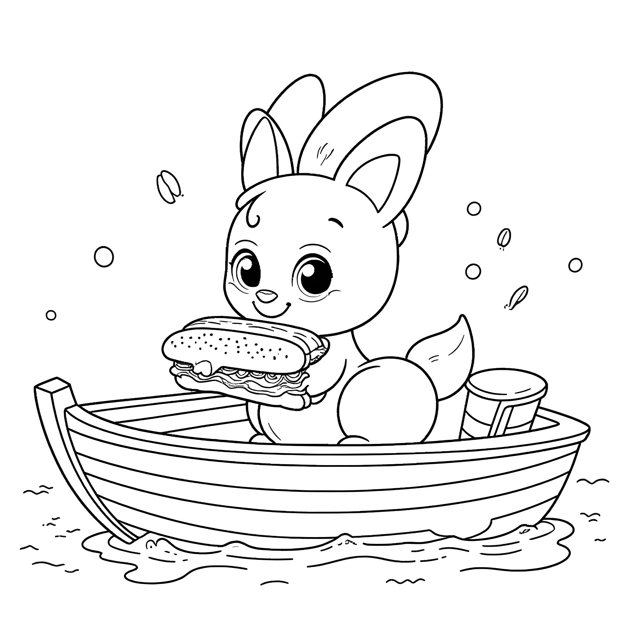 Gumbi enjoying a picnic in a boat Coloring Page (free black-and-white line drawing printable PDF for all, from beginners to advanced learners, including children, teens, adults, and seniors)