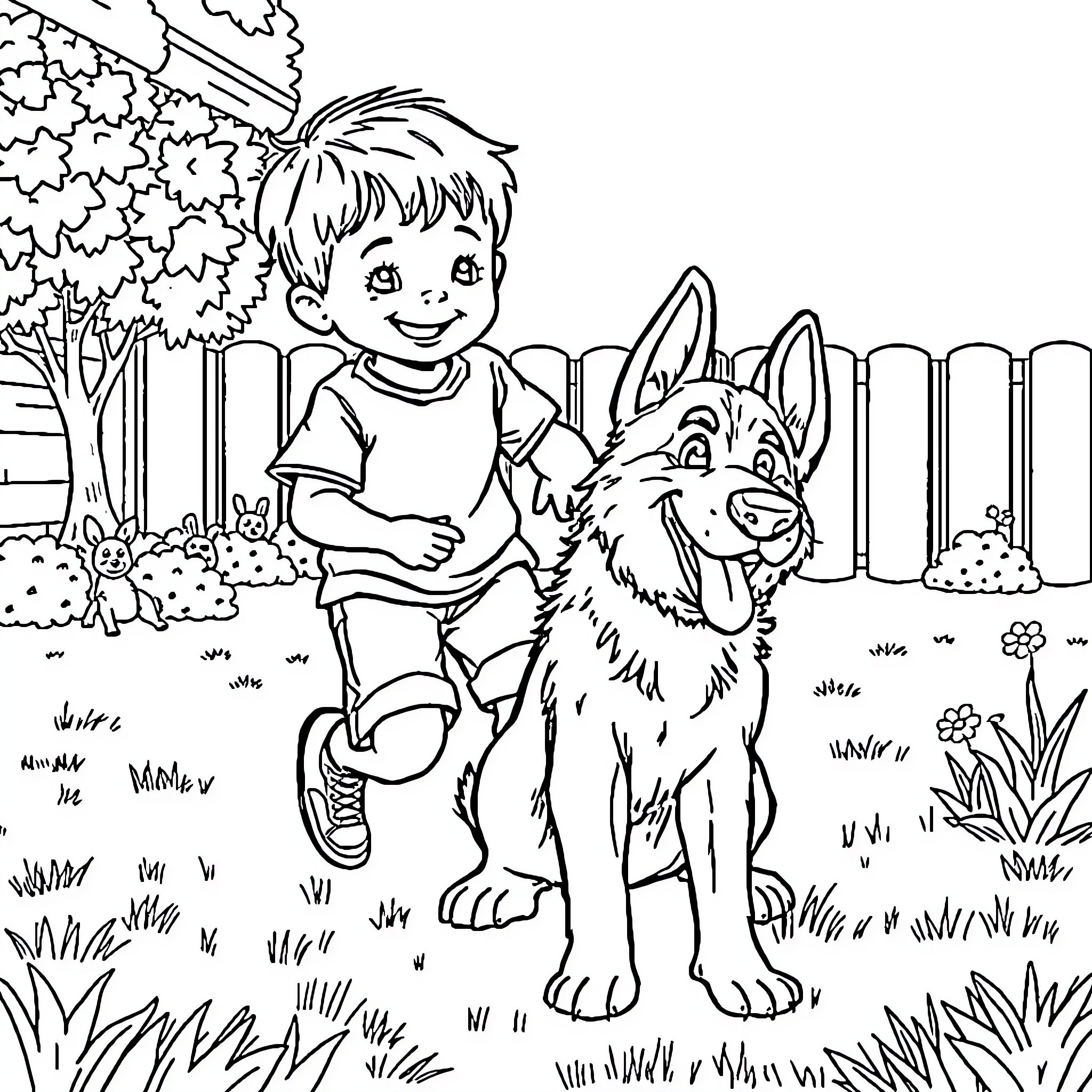 Kid playing with friendly dog in backyard Coloring Page (free black-and-white line drawing printable PDF for all, from beginners to advanced learners, including children, teens, adults, and seniors)