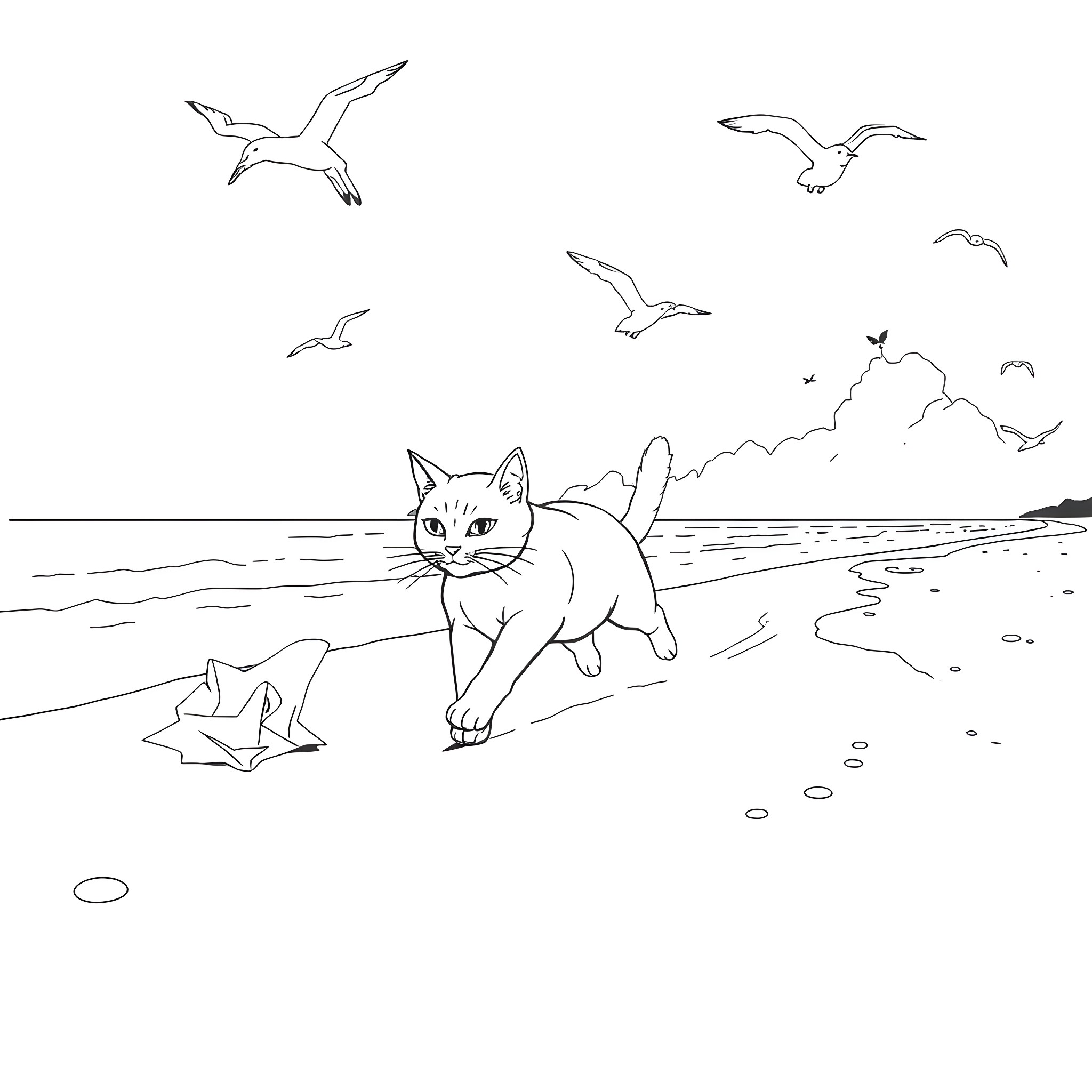 Cat exploring the beach with seagulls Coloring Page (free black-and-white line drawing printable PDF for all, from beginners to advanced learners, including children, teens, adults, and seniors)