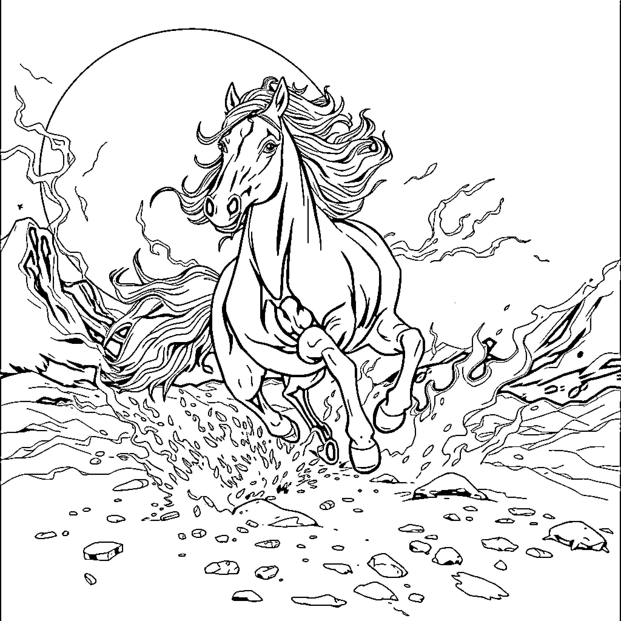 Horse running through a fiery landscape Coloring Page (free black-and-white line drawing printable PDF for all, from beginners to advanced learners, including children, teens, adults, and seniors)