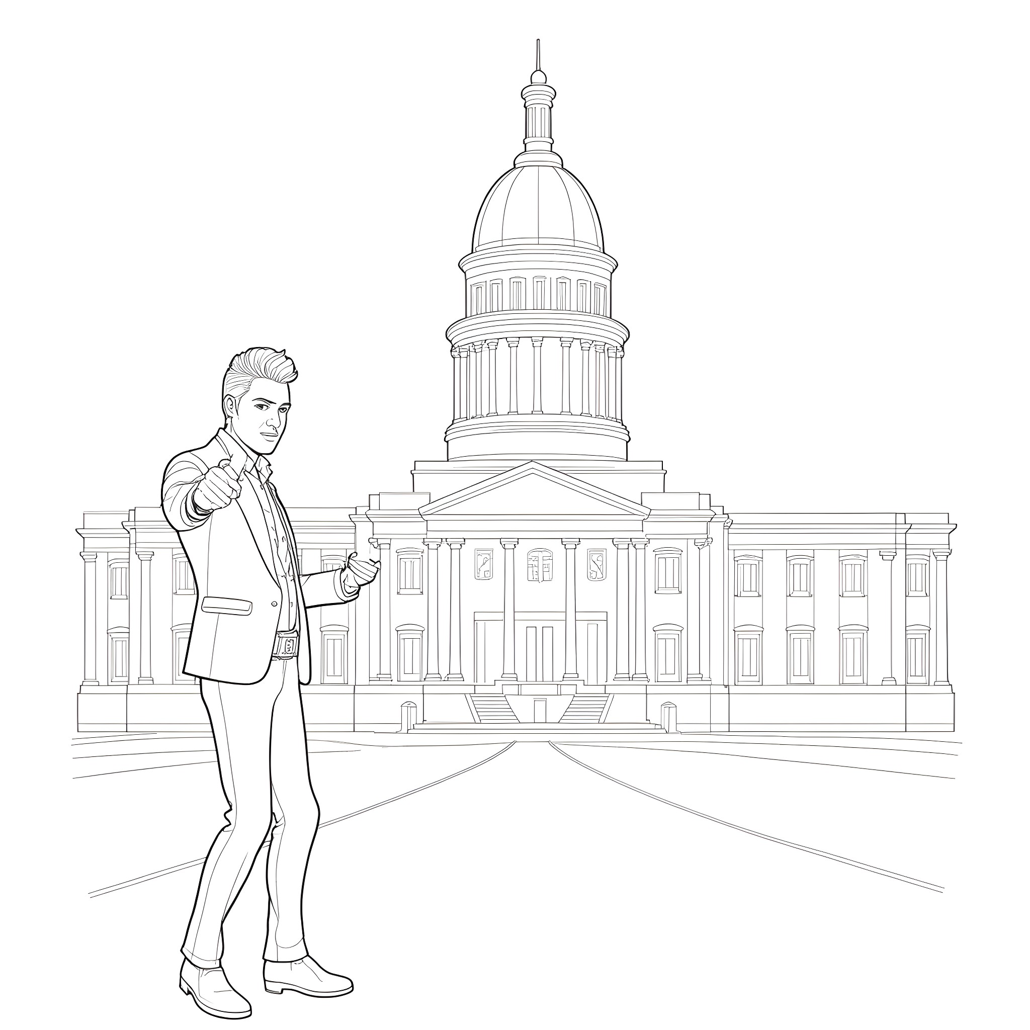 Elvis Presley posing confidently in front of the US Capitol building Coloring Page (free black-and-white line drawing printable PDF for all, from beginners to advanced learners, including children, teens, adults, and seniors)