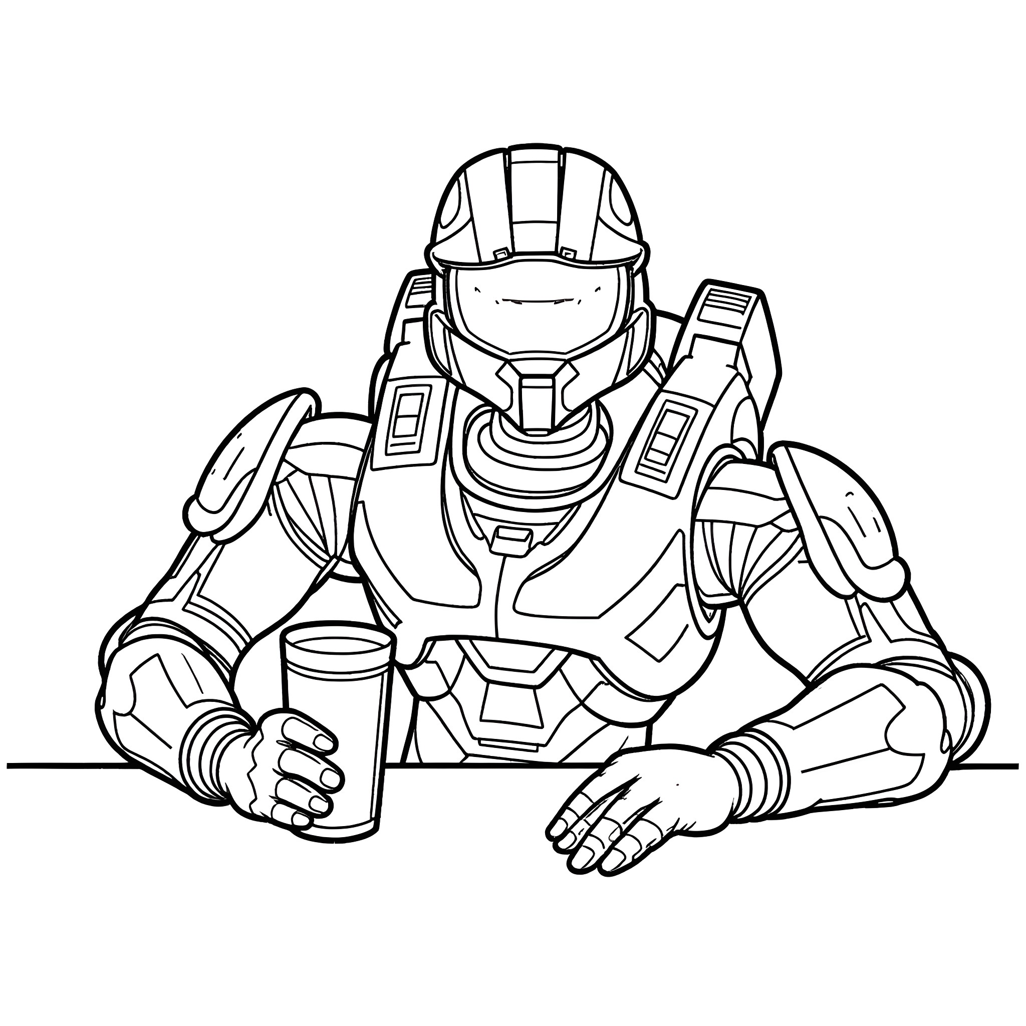 Master Chief in heroic pose Coloring Page (free black-and-white line drawing printable PDF for all, from beginners to advanced learners, including children, teens, adults, and seniors)