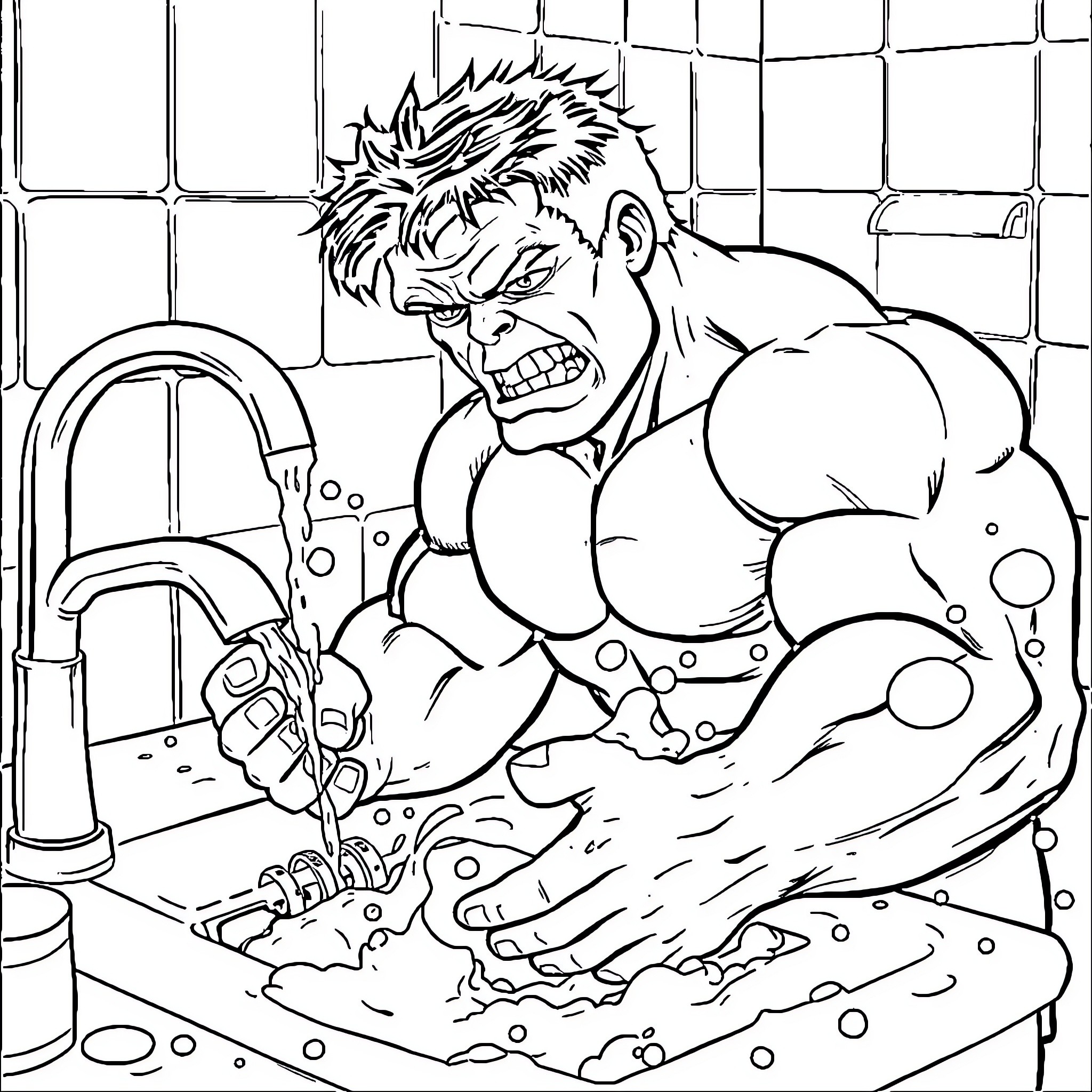 Hulk Washing Hands Furiously in Bathroom Coloring Page (free black-and-white line drawing printable PDF for all, from beginners to advanced learners, including children, teens, adults, and seniors)