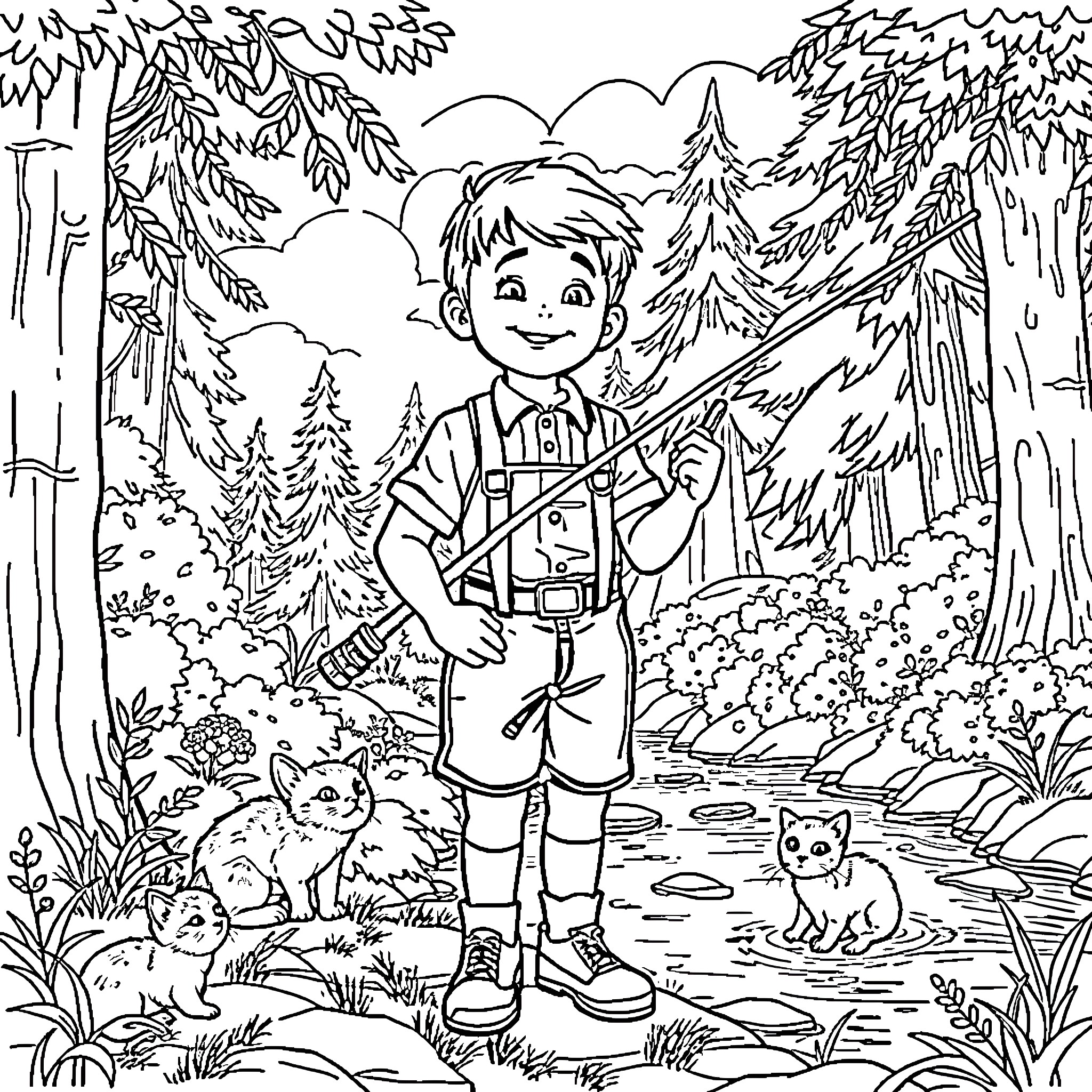 Boy exploring the enchanting forest with curious animals Coloring Page (free black-and-white line drawing printable PDF for all, from beginners to advanced learners, including children, teens, adults, and seniors)