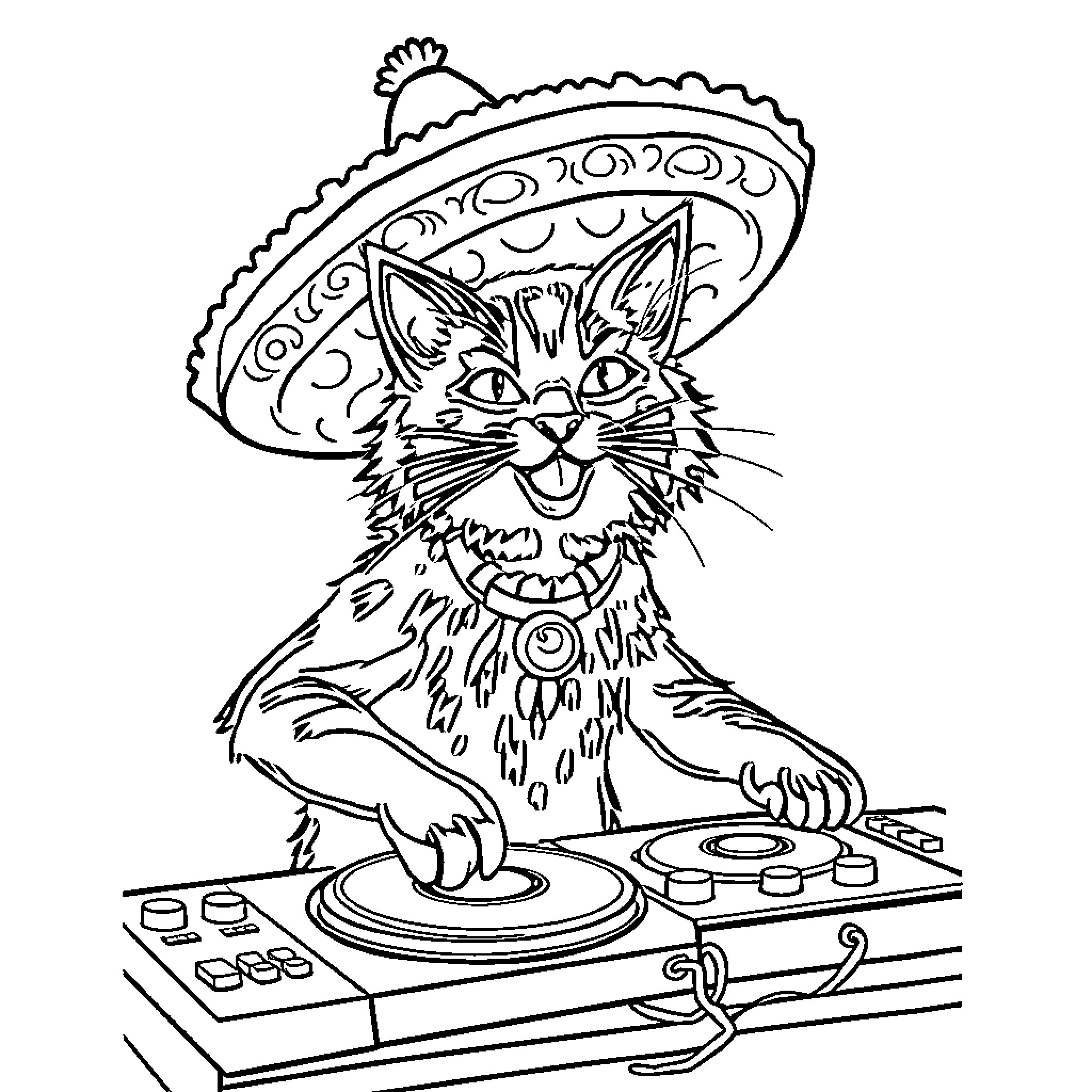 DJ Catnip mixing tunes with an eccentric sombrero Coloring Page (free black-and-white line drawing printable PDF for all, from beginners to advanced learners, including children, teens, adults, and seniors)